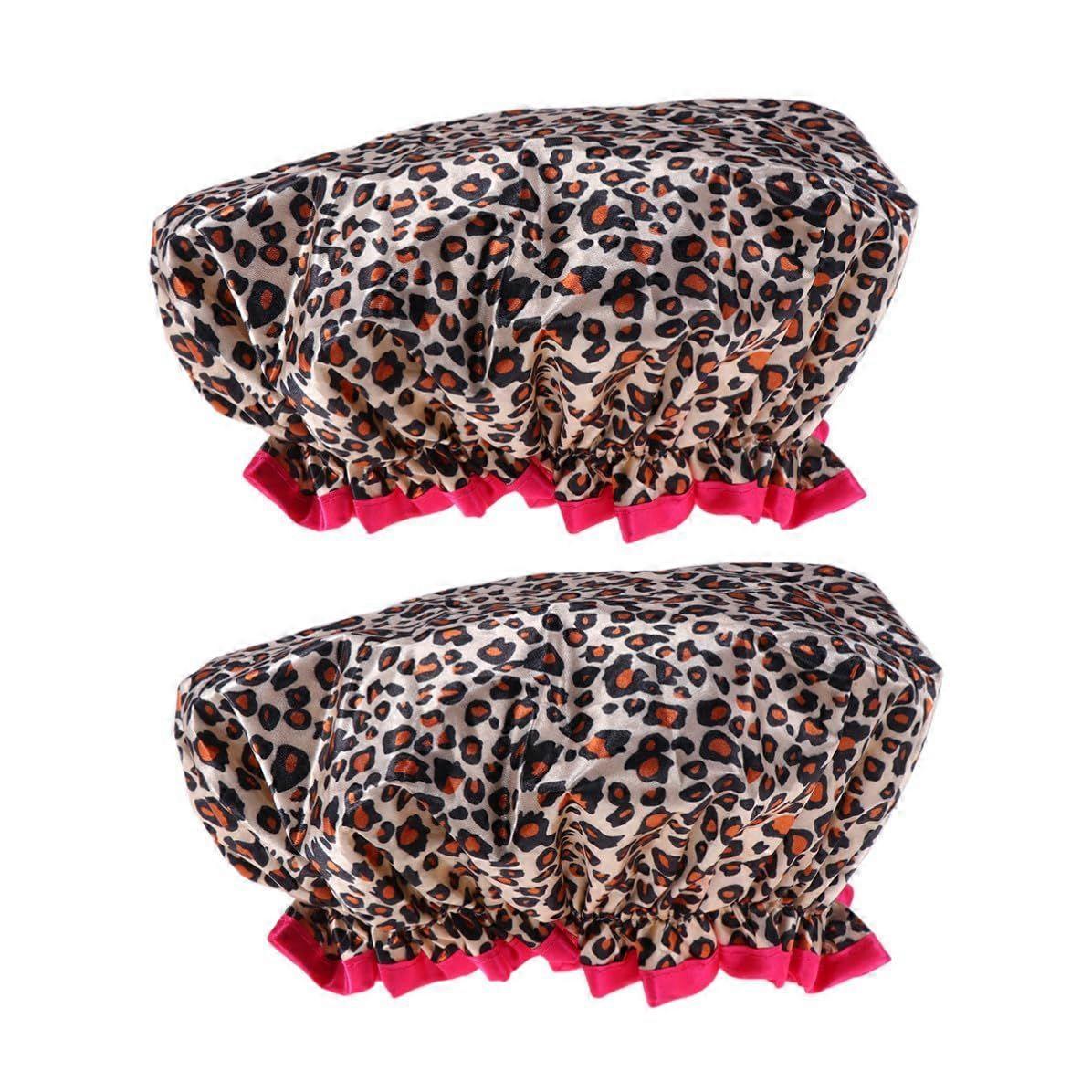 2pcs Shower Cap Leopard Pattern Double Layer Waterproof for Women
