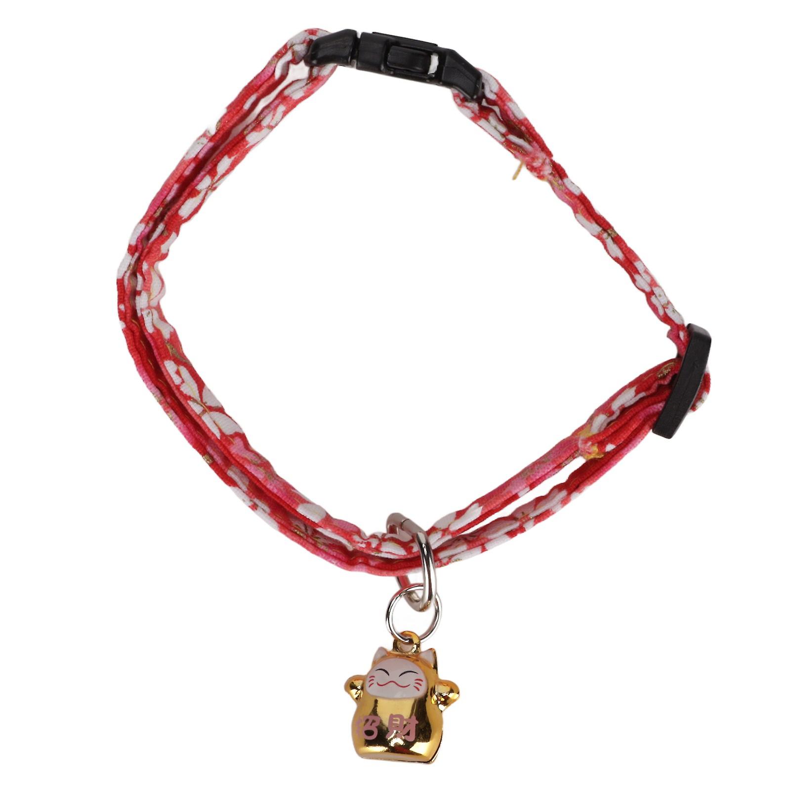 Japanese Style Cat Collar, Adjustable Japanese Kimono Cat Collar with Cartoon Bell for Christmas Halloween New Year Japanese Kimono Style Red Sakura