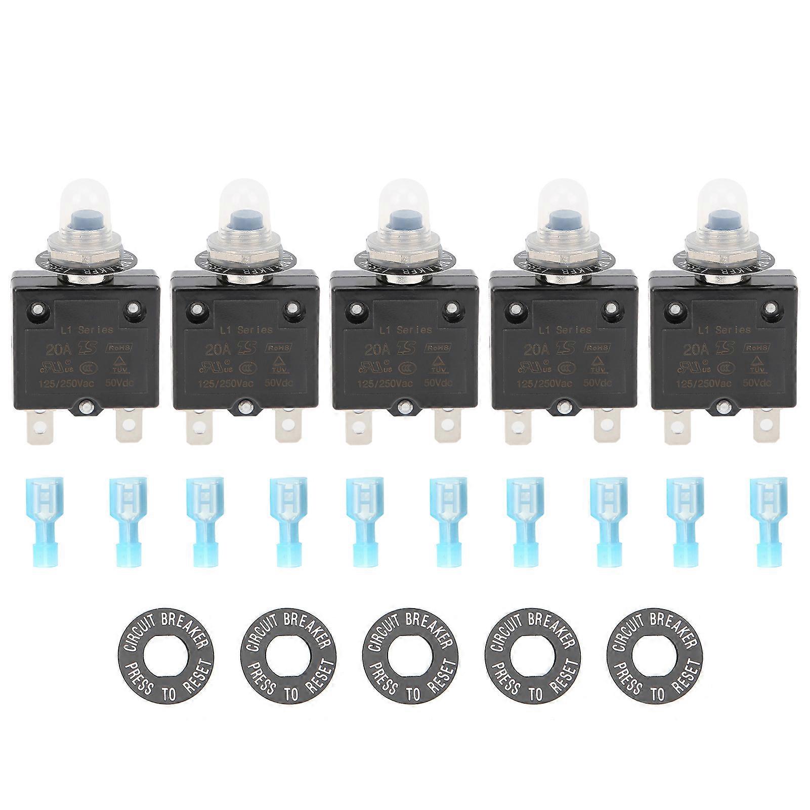 20A Overload Thermal Circuit Breaker with Quick Connect Terminals Waterproof Cap Push Button Manual Reset