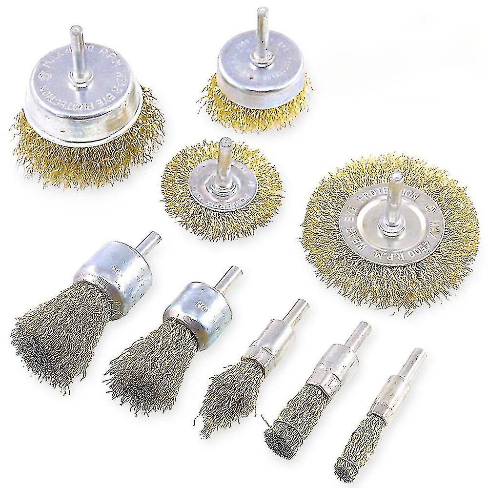 9pcs Brass Coated Wire Brush & Cup Brush Set - 1/4"