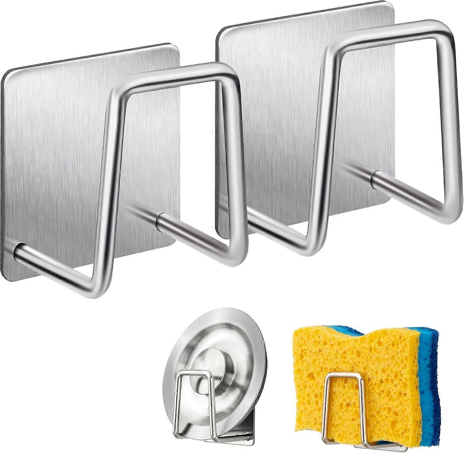 Sponge Holder - Stainless Steel Dish Sponge Hook, Sink Accessories - Adhesive Hook, Kitchen Bathroom Storage (2PACK, Silver).