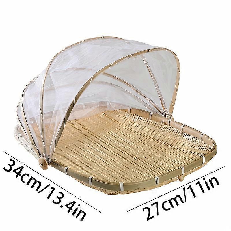 Exquisite Hand-Woven Bamboo Food Serving Tent Basket - Breathable Mesh Gauze Cover, Rustic Round Design, Perfect for Picnic, Bread, Vegetable, Fruit S