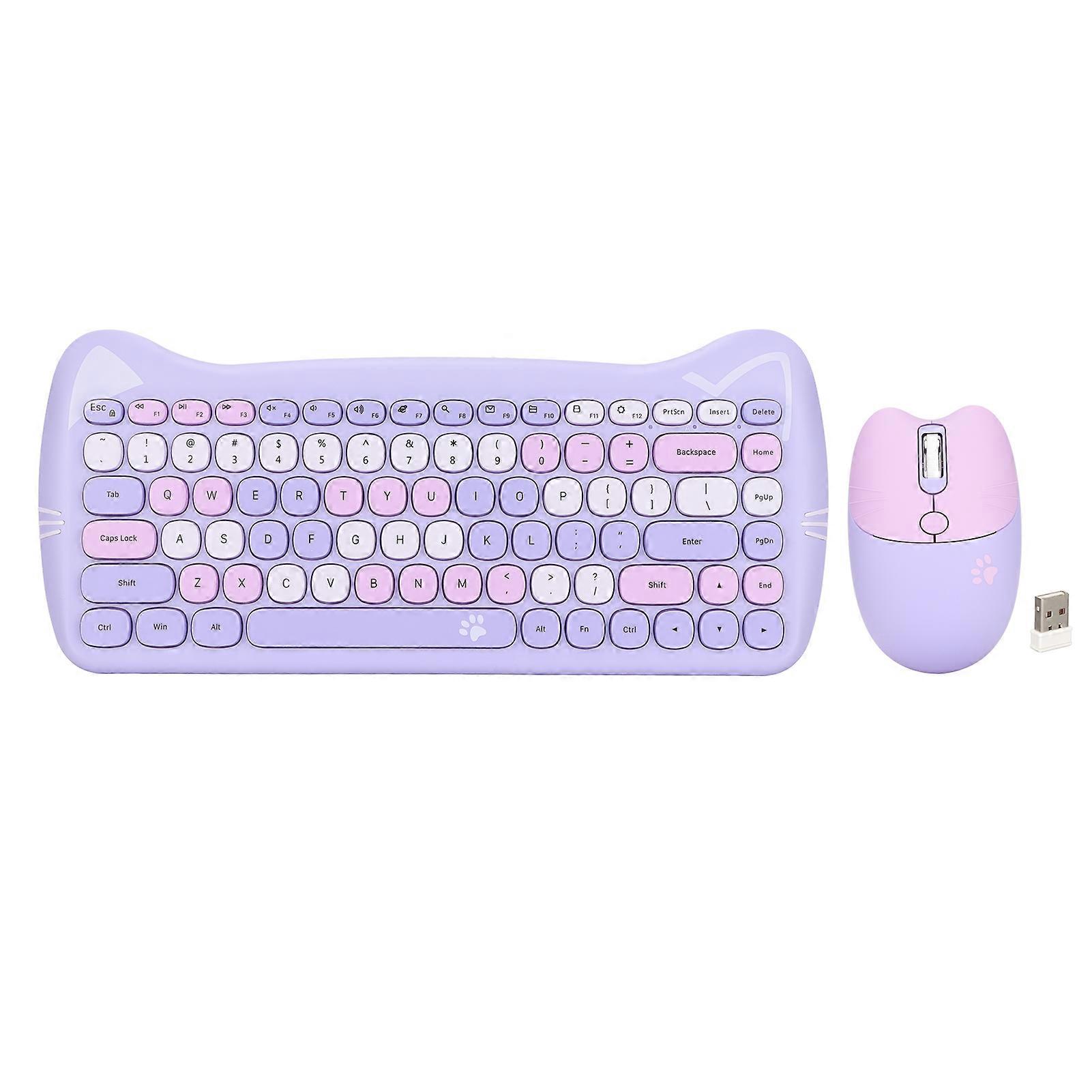 Bonito Cat Shape 2.4G Wireless Keyboard and Mouse Colours Low Power Technology Wireless Keyboard Mouse Combo para jogos Purple Mix