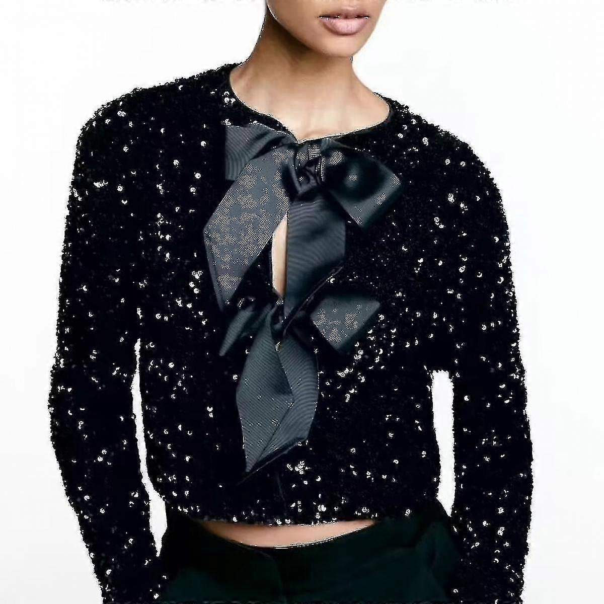 Black Bow Tie-front Sequin Jacket Cardigan Top Short Jacket