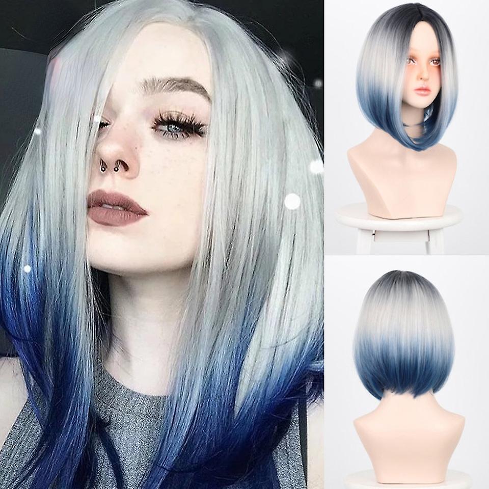 ショートボブウィッグ合成ストレートコスプレウィッグオンブルパープル/ブルー/ピンクウィッグナチュラルウィッグ