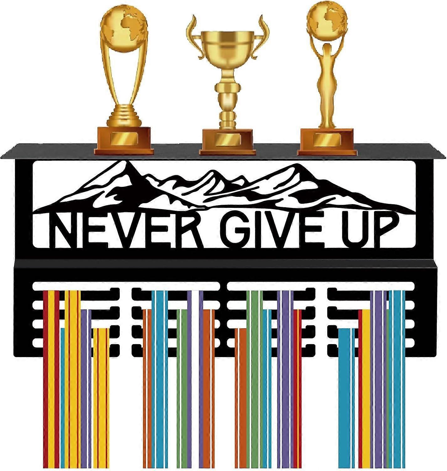 Never Give Up Medal Hanger Display Trophy Shelf Medal Holder with Shelf Stand Sports Mountain 4 Rows Metal Hanging Wall Mount Hold 70+ Medals for Comp