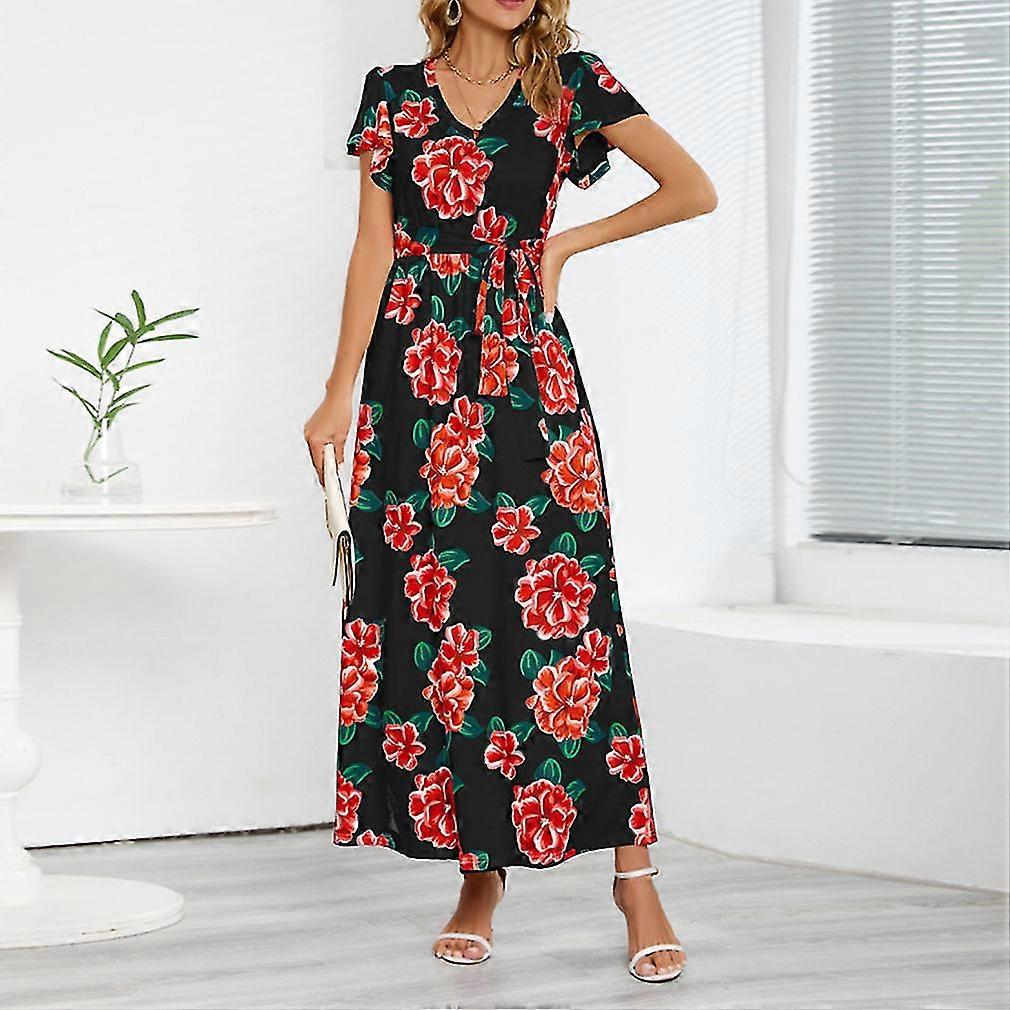 Vrouwen zomer v-hals met korte mouw losse maxi jurk casual lange