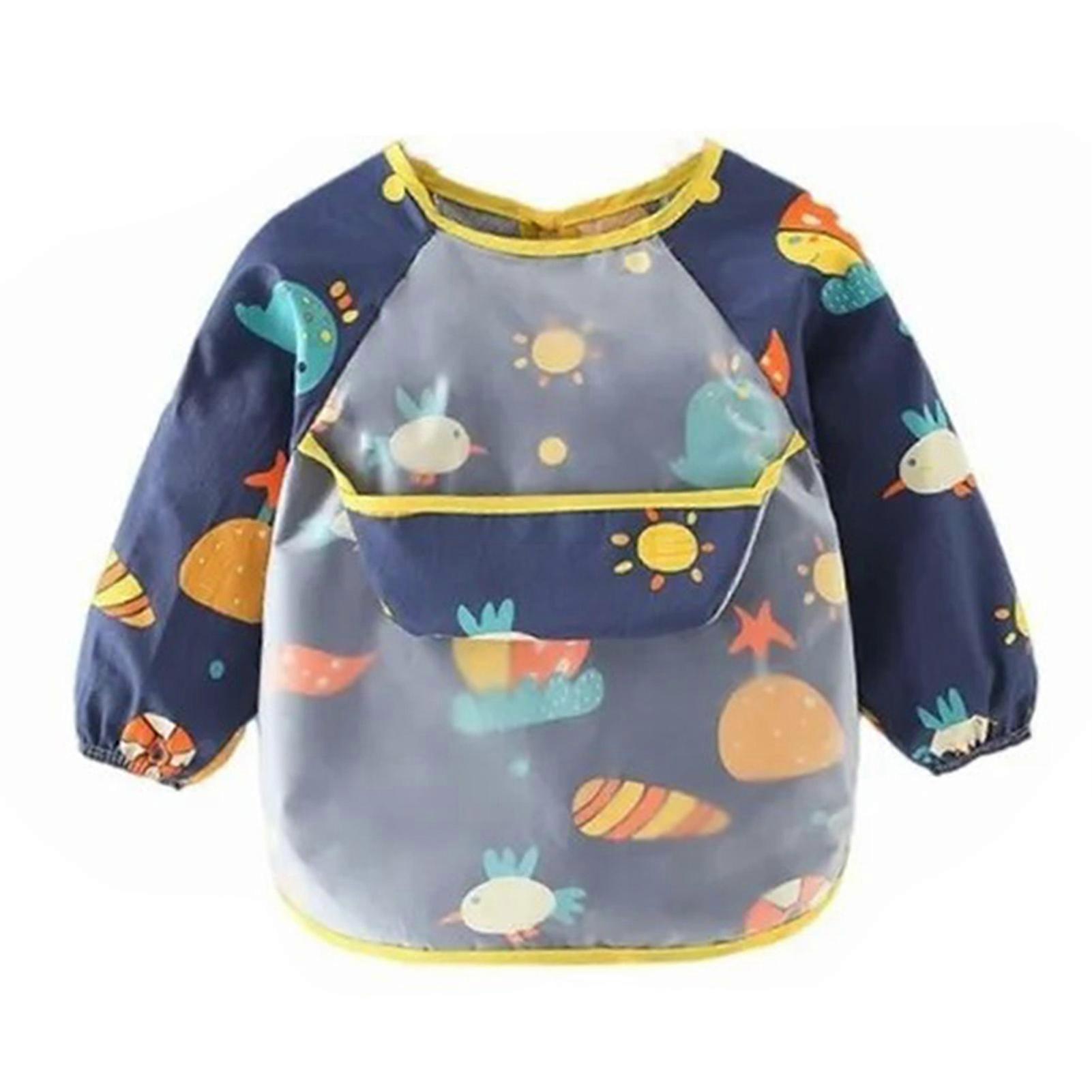 Baby Bib Stain Resistant Waterproof Elastic Cuff Sleeved Tie Back Adjustable Toddler Bib Dark Blue Planet 90 0 to 1 Year Old