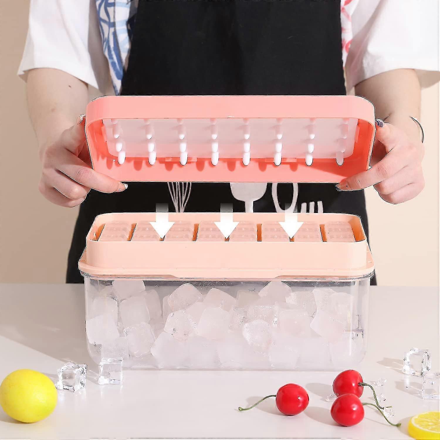 Silicone Ice Cube Tray With Lid And Bin, 64 Grids Press Type Ice Cube Molds Comes With Storage Bin And Ice Scoop