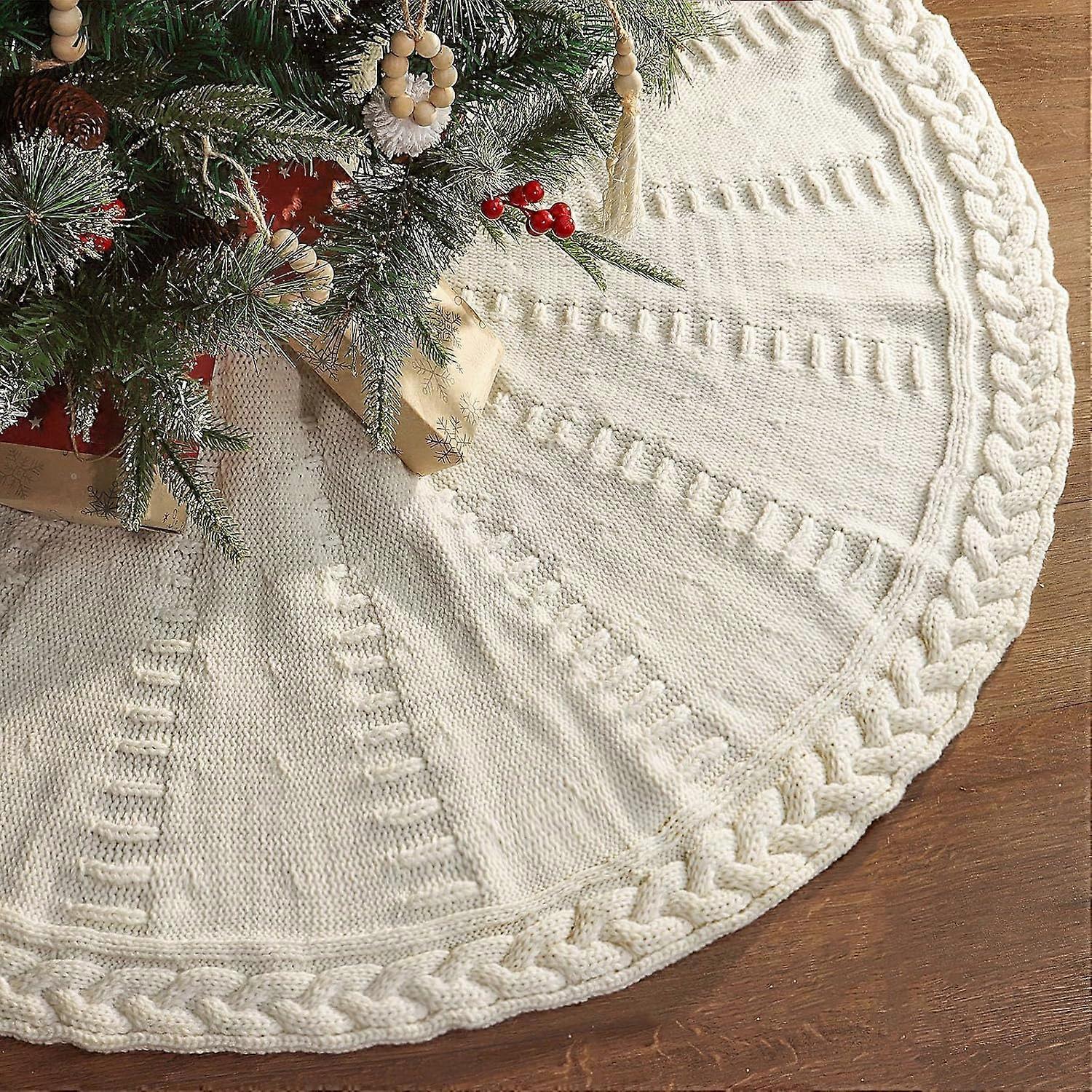 SBSG Knitted Christmas Tree Skirt: 48 Inches Cream White Tree Skirt, Braided Cable Knit Thick Rustic Christmas Tree Decorations, Farmhouse Christmas D