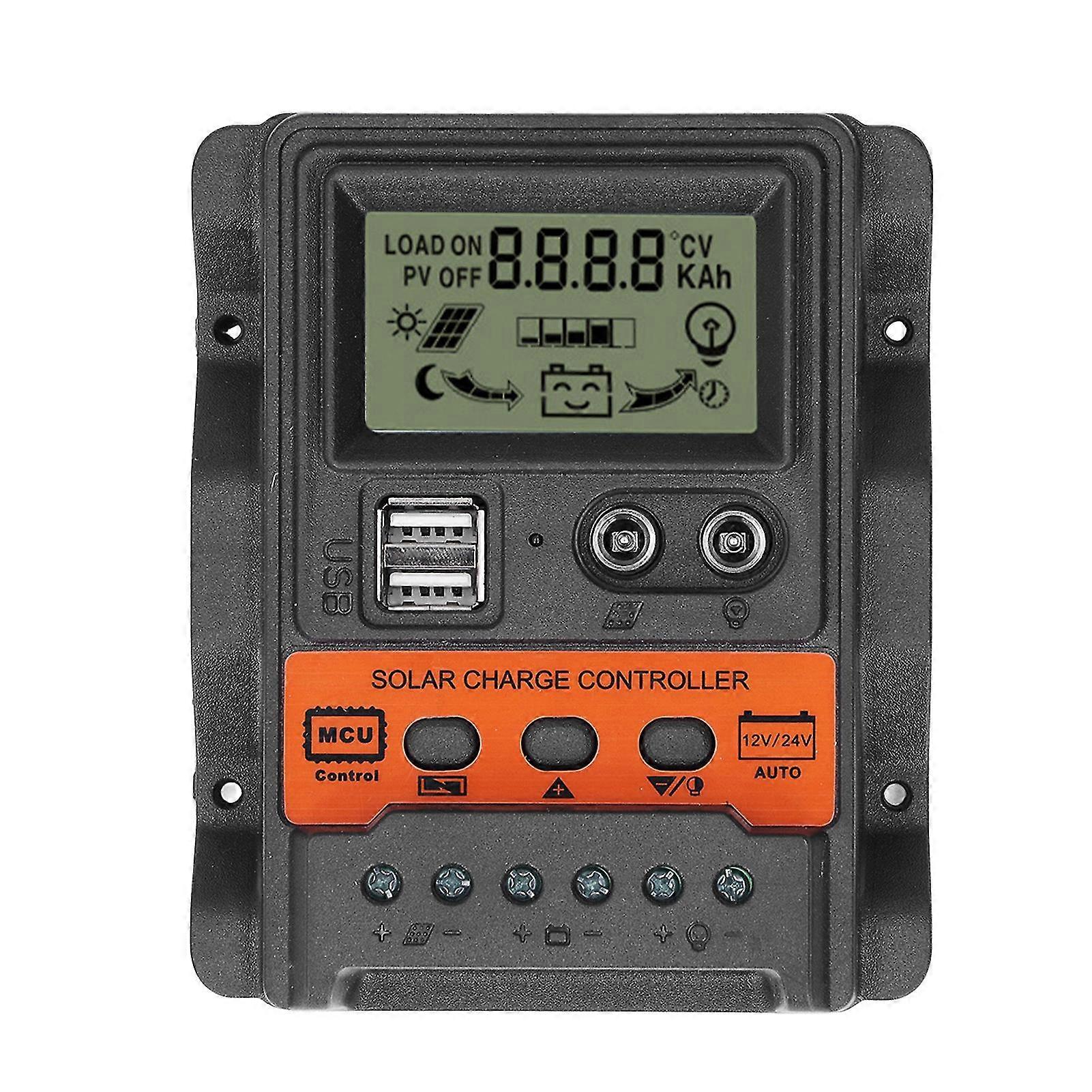 30A Solar Charge Controller with LCD Display, PWM Panel Charging Regulator for 12V24V Systems, 2 USB Outputs, Supports up to 390W780W Panels