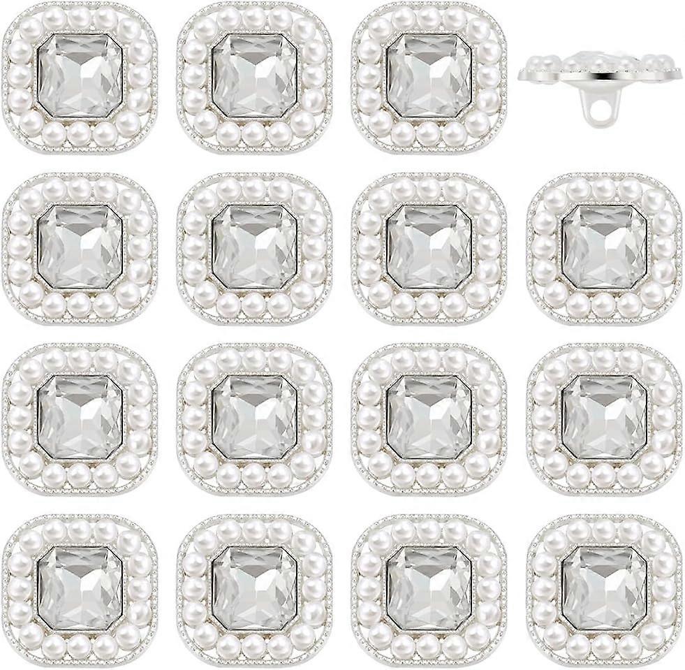 16 Pcs Square Clear Rhinestone Faux Pearl Buttons 0.8" Silver Alloy Imitation Pearls Rhinestone Shank Buttons with 1-Hole Rhinestones Inlaid Embellish