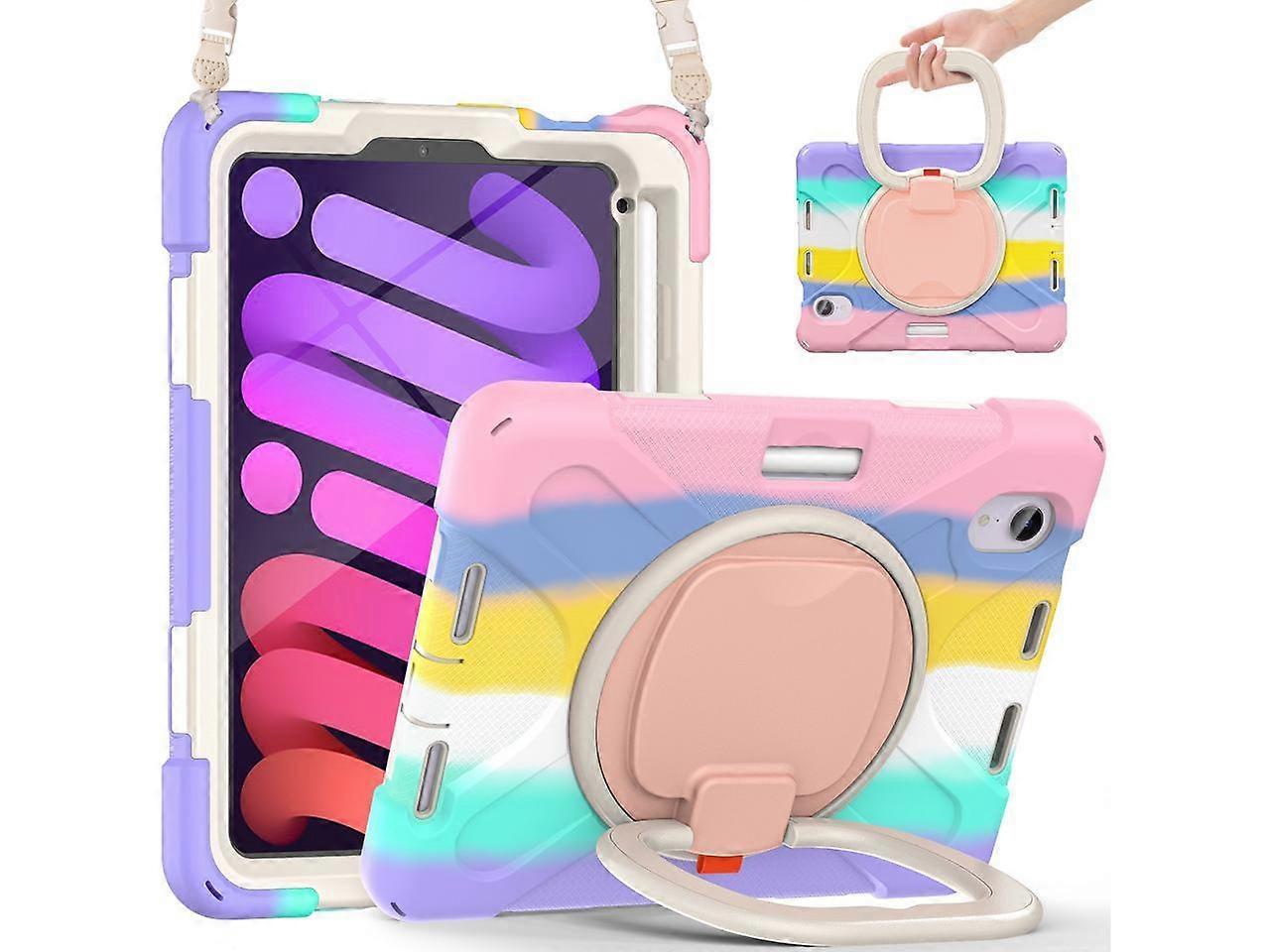 New iPad Mini 6 Case 2021 with Rotating Stand / Hand Strap / Shoulder Strap / Pencil Holder Shockproof Kids Cover for iPad Mini 6th Generation 8.3 inc