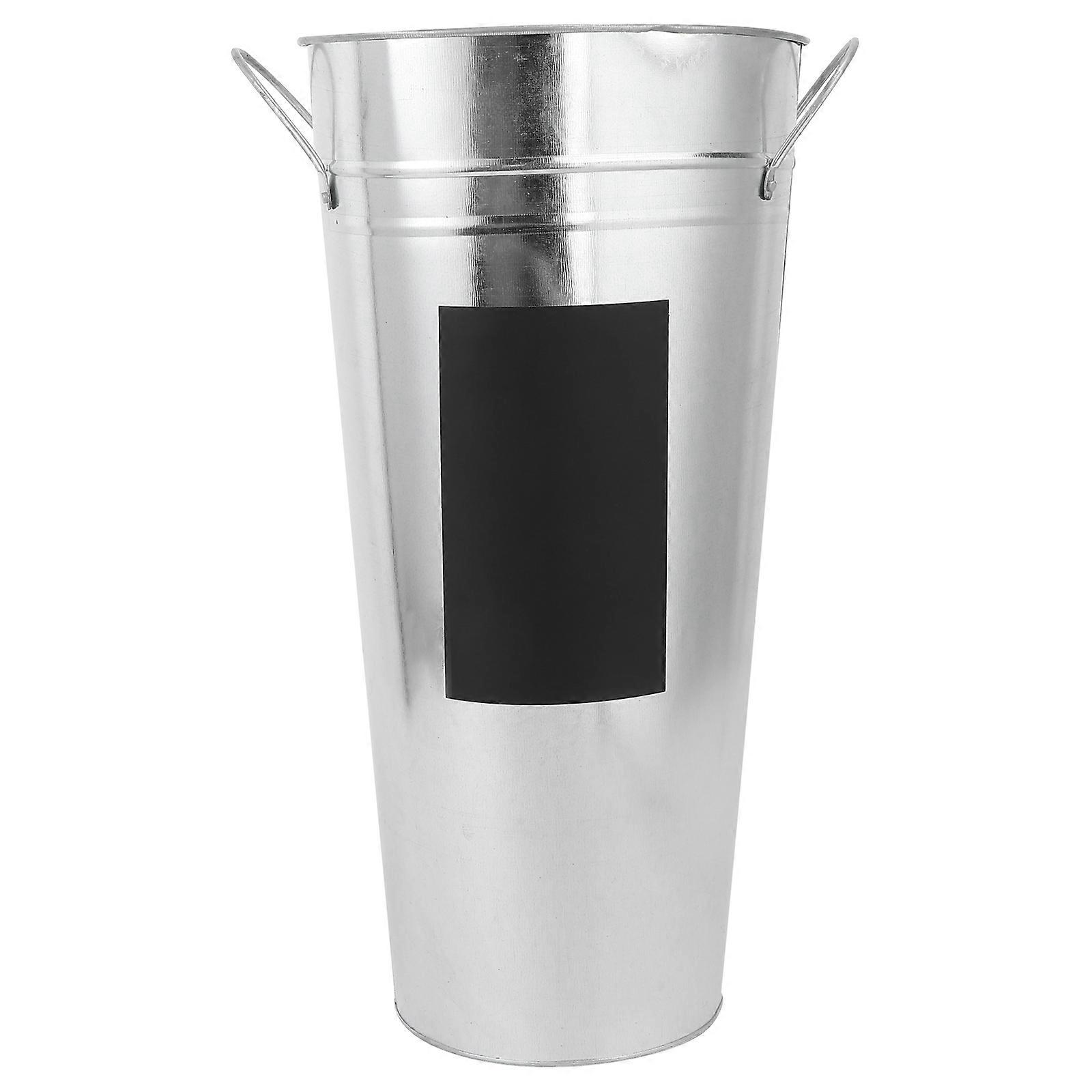 1Pc Iron Sheet Flower Bucket with Waterproof Blackboard Sticker Hydroponics Flower Container Garden Planter Display Flower Tub for Flower Shop Silver 