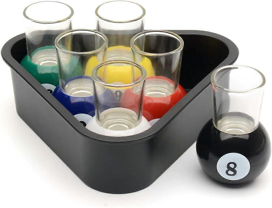 6 Pool Ball Shot Glasses with Triangle Rack Serving Tray - Table Billiards Novelty Drinking Games Room Home Bar Set