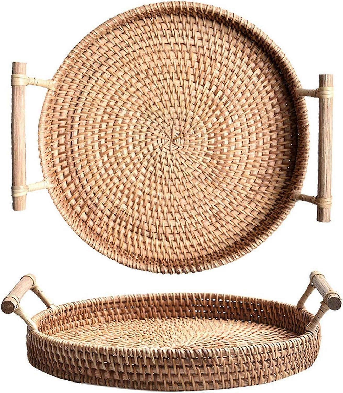 Rattan Round Bread Serving Basket Handcrafted Bread Serving Tray Platter with Wooden Handle (11 inch / 28cm)
