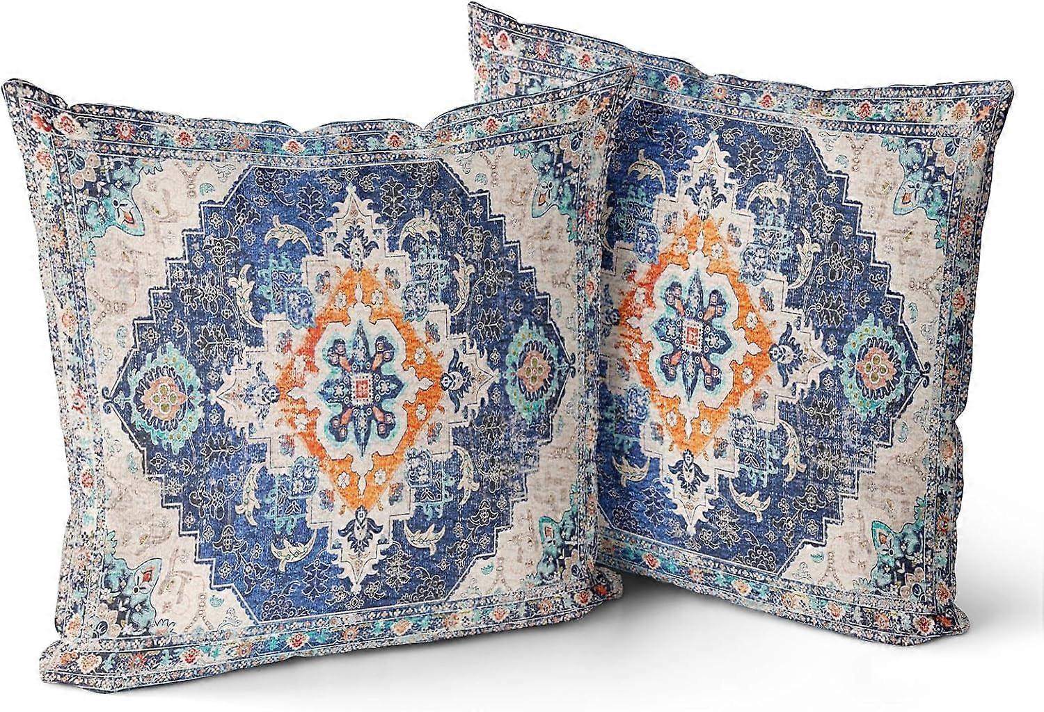Blue Boho Throw Pillow Covers Set of 2 Monaco Rug Persian Carpet Double Sided Pattern Cotton Soft Pillow Case Cushion Cover Pillowcase for Garden Couc