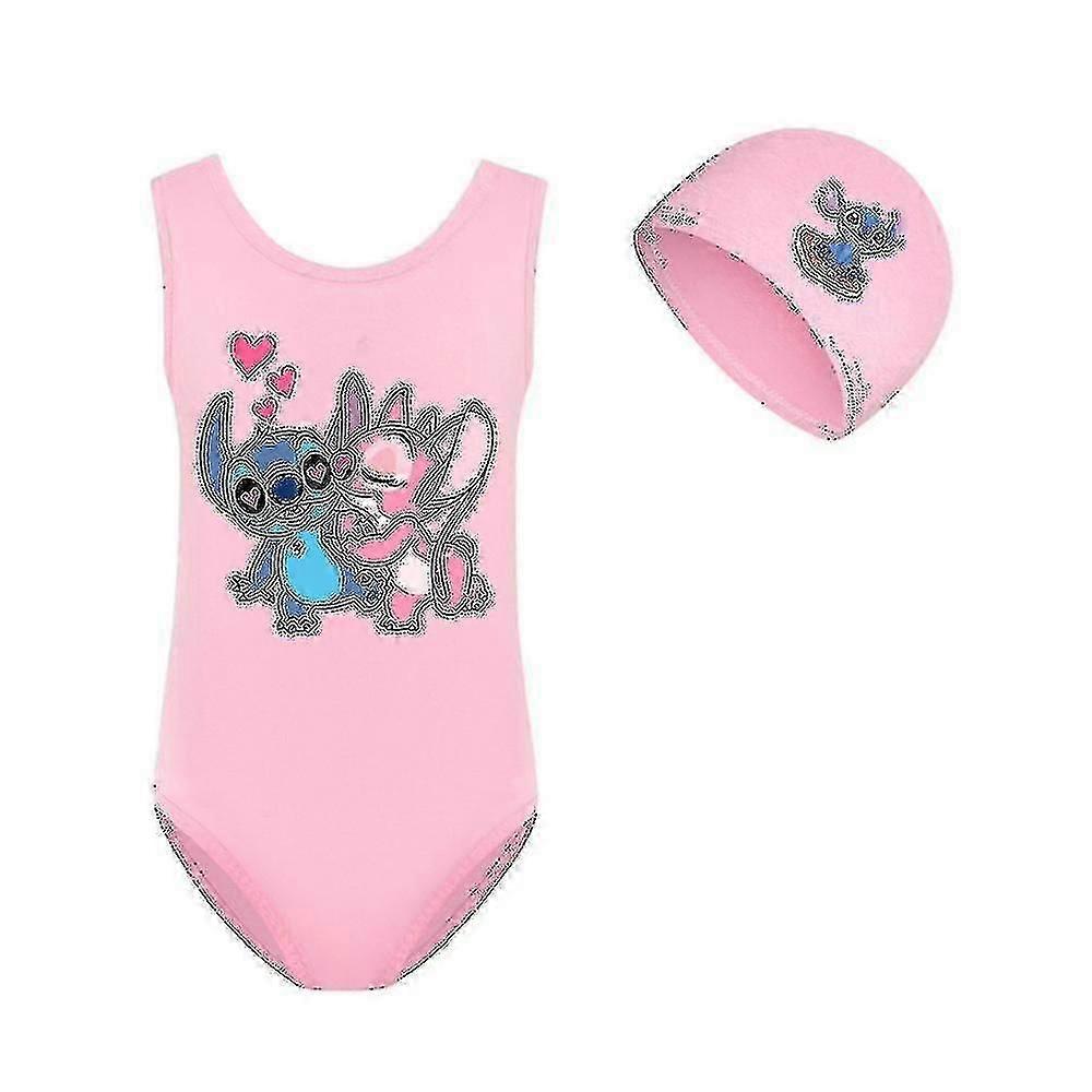 Stitch Girls Swimsuit Piece Swimwear Fashion Lilo And Stitch Swimwear For Bathing Suits+cap pink 120cm