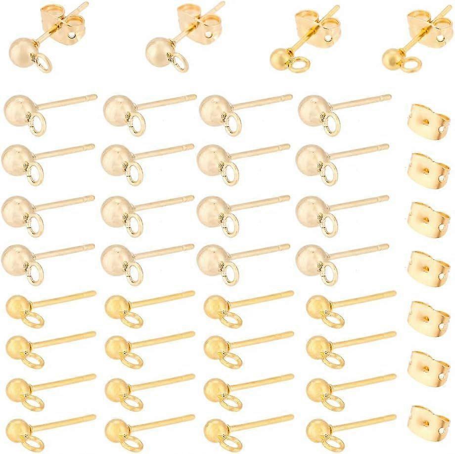 60pcs 2 size Brass Ball Stud Earring Post Earring Finding with Loops and 60pcs Ear Nuts Golden 14~15mm Hole: 0.9~1.7mm Pin: 0.7~0.9mm 30pcs/size