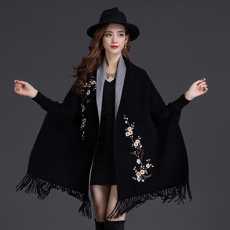 Autumn Winter Can Wear Shawl Scarf Dual-use Embroidery With Sleeves Wool Cashmere Thick Tassel Cloak Female