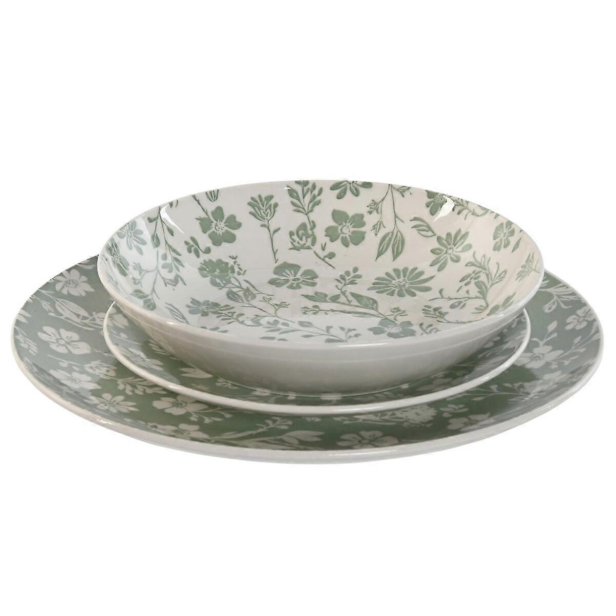 Geschirrset Home ESPRIT Weiß Grün Porzellan Blumen 27 x 27 x 2 cm 18 Stück