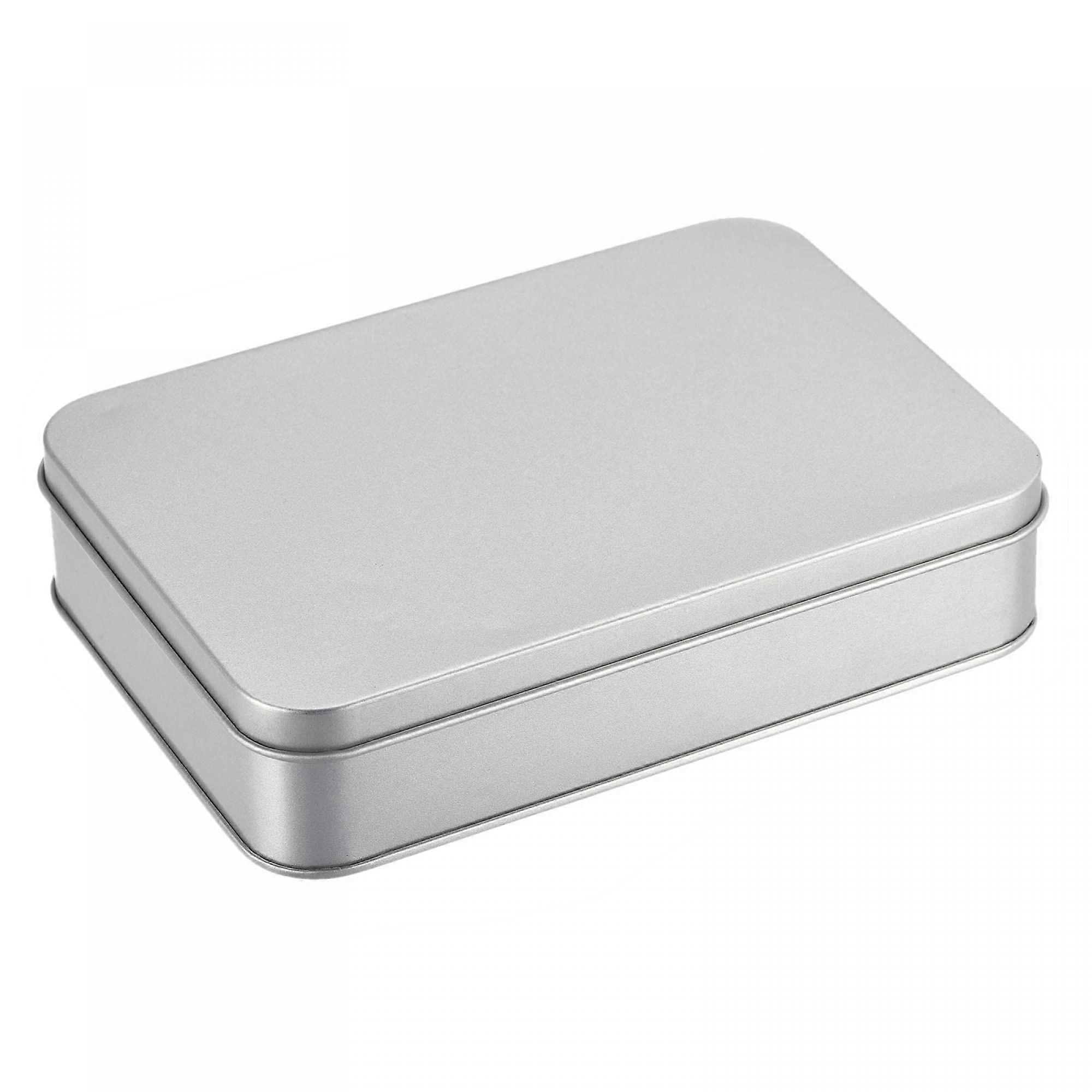 Metal Tin Box 6.3 x 4.33 x 1.38 Inches Silver Tone Rectangular Empty Container for Home Organization and Craft Storage