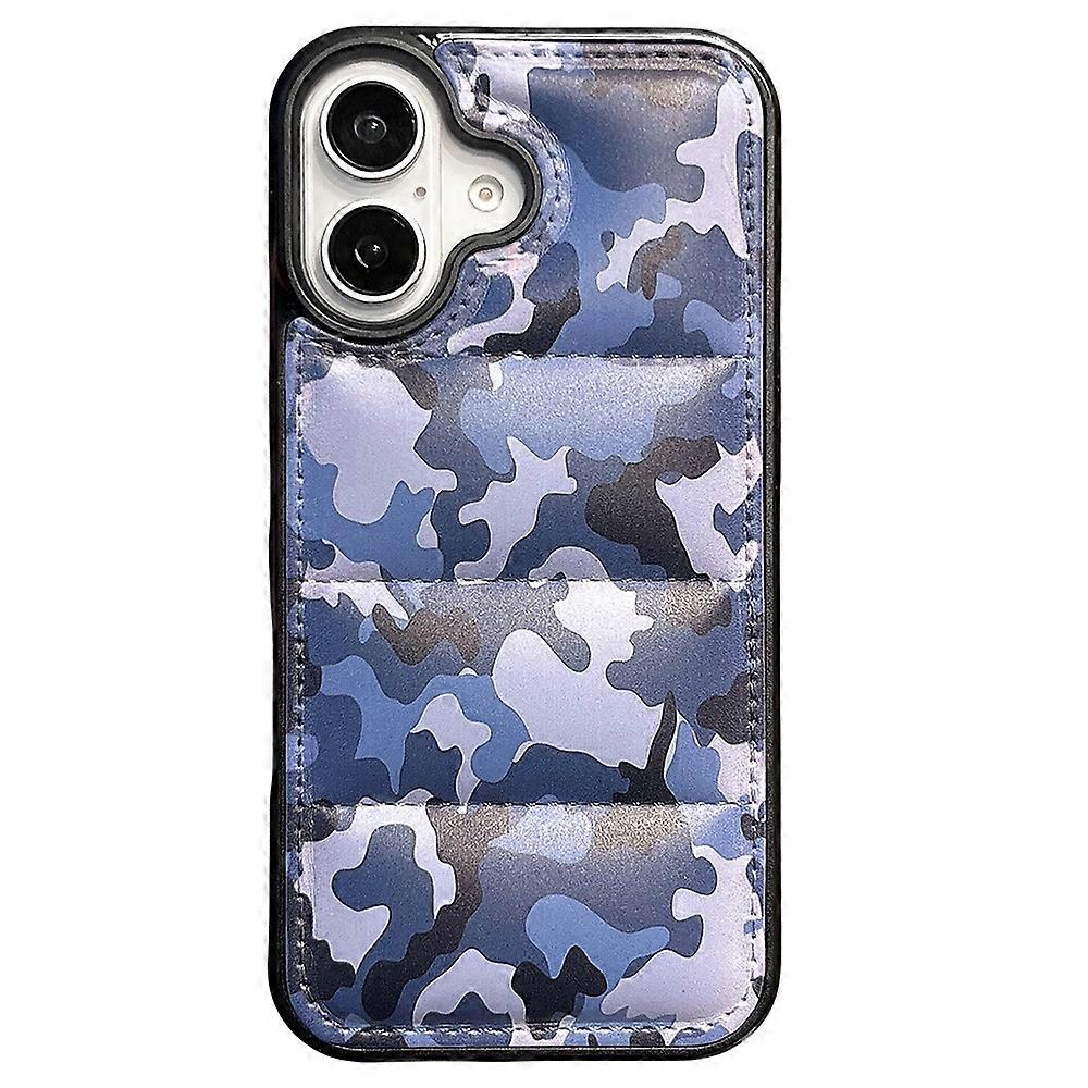 For iPhone 16 Case Camo Puffer Jacket Leather+TPU 3D Protective Cover-Blue