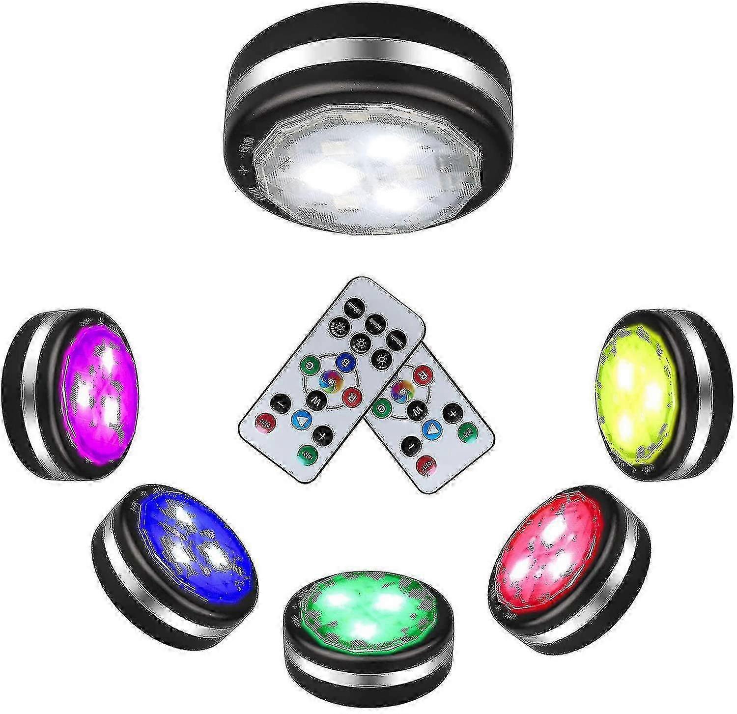 Pt Led Under Cabinet Puck Lights, Circle Press On Color Puck Lighting With Remote, 6 Pack Battery Operated Sticky Lights For Shelf Closet
