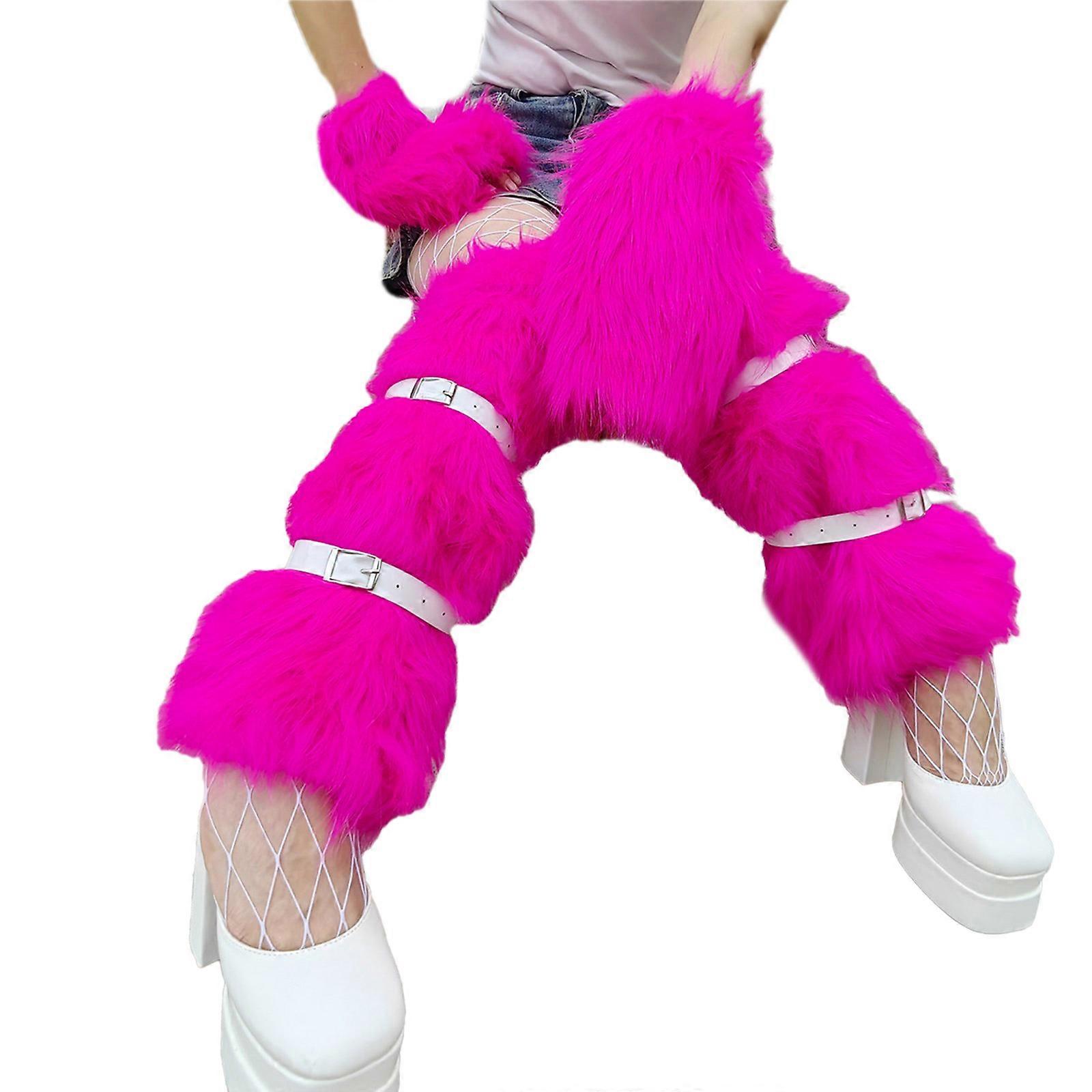 女性毛皮のようなセクシーなメッシュストッキング毛皮のような手袋原宿ソックスY2Kレッグウォーマーパンクベルトバックルセットローズレッド