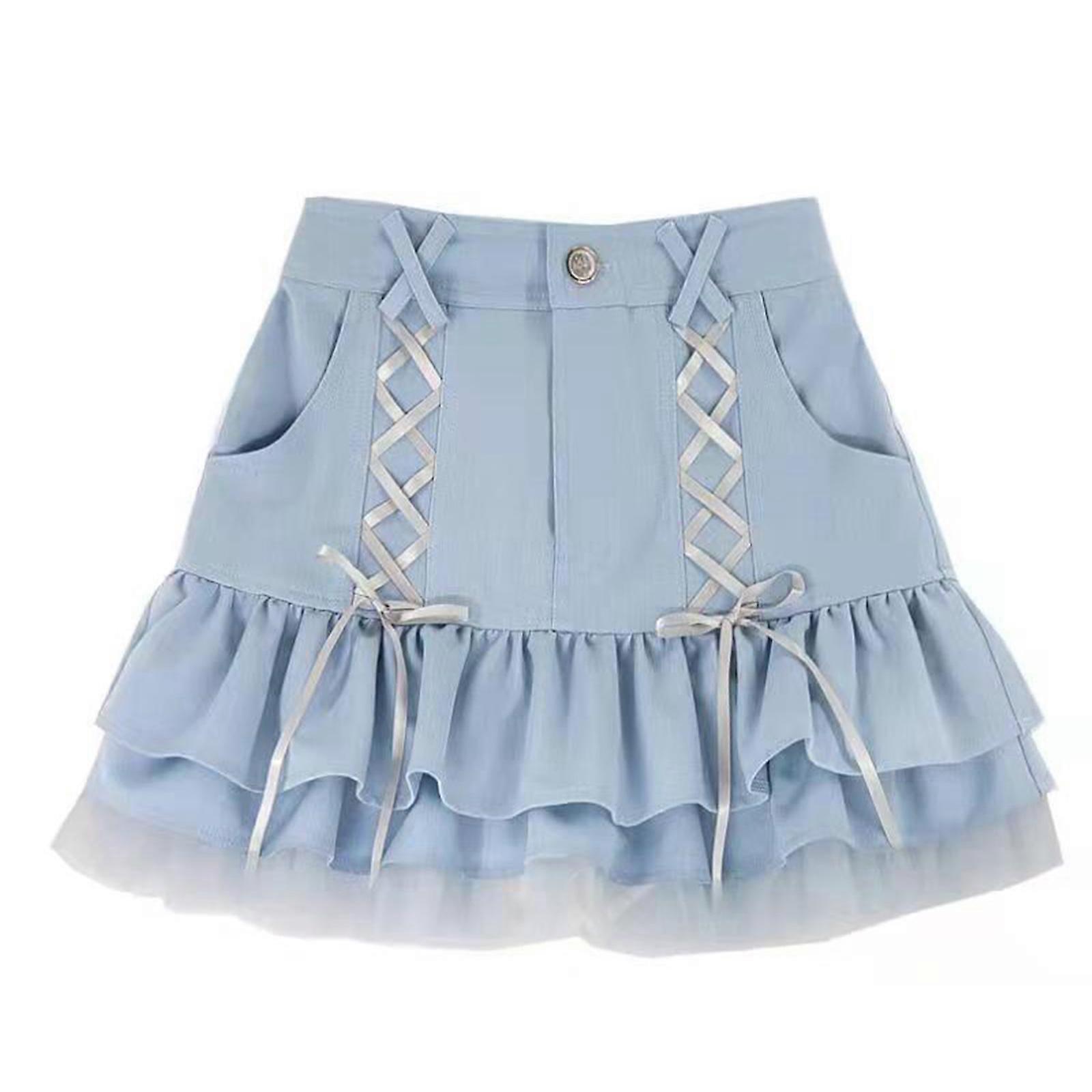 Y2K Harajuku Mini gonna blu a trapezio per donna Lacci a vita alta Mesh a più livelli Patchwork Gonne corte a pieghe arruffate Blu XL