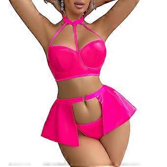 Women Sexy Halter Neck Bra and Thong Set, Sexy Patent Leather Lingerie Babydoll Underwear Set Babydoll Lingerie Set  Phosphor S