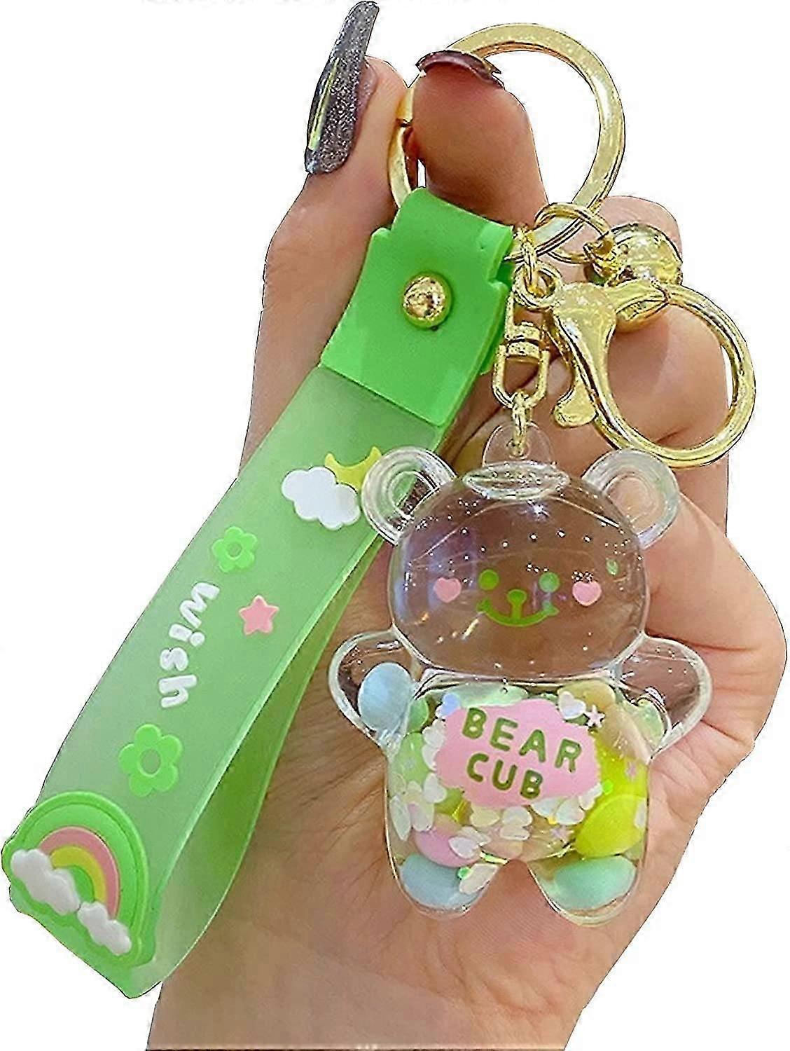 Kawaii Keychain Bear Liquid Floating Quicksand Cute Keychains Bag Charm Wristlet Bracelet Key Ring For Women Girl