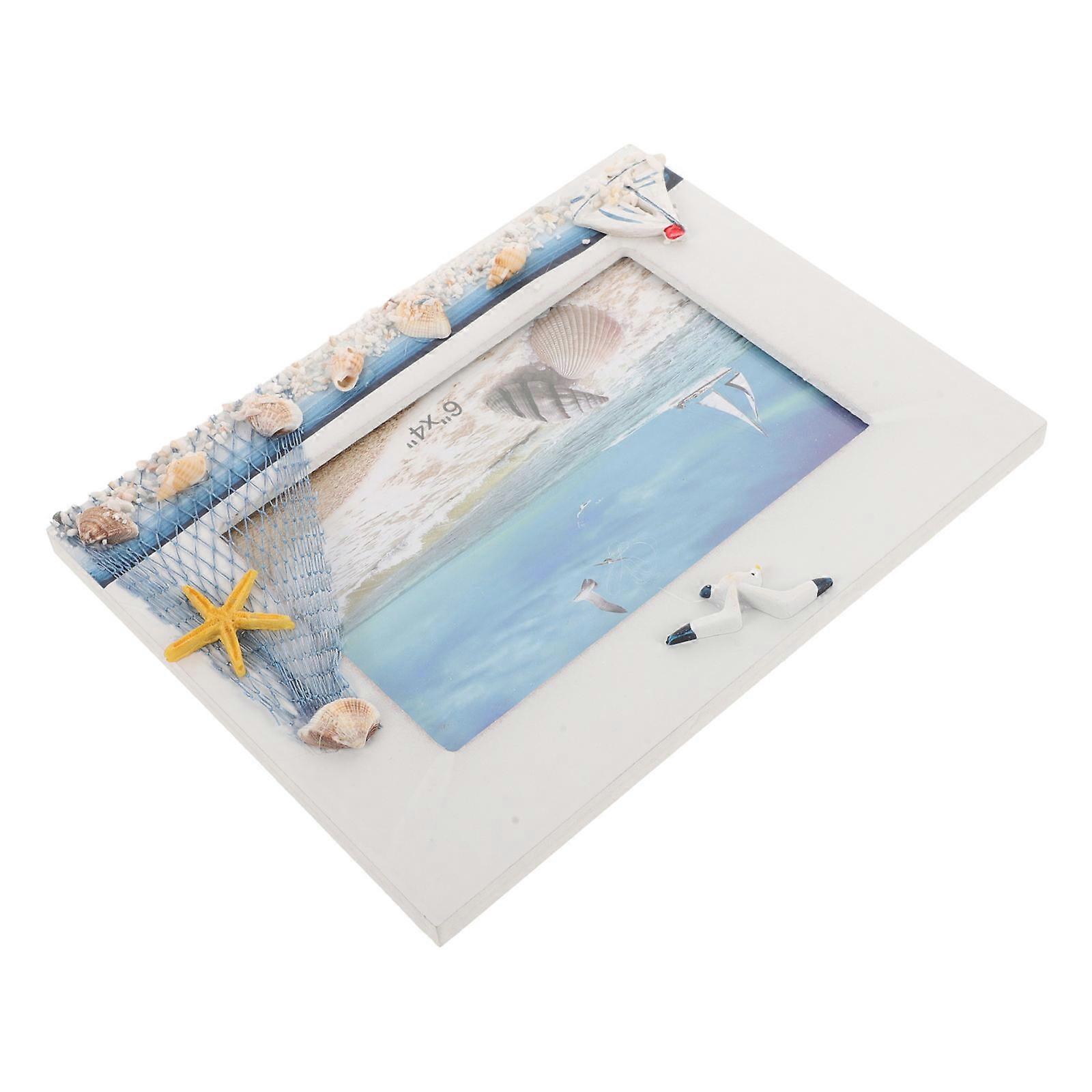 Nautical Desktop Photo Frame, Beach Theme Picture Holder, Mediterranean Style Decor for Living Room or Bedroom, Simple Shell Design to Display