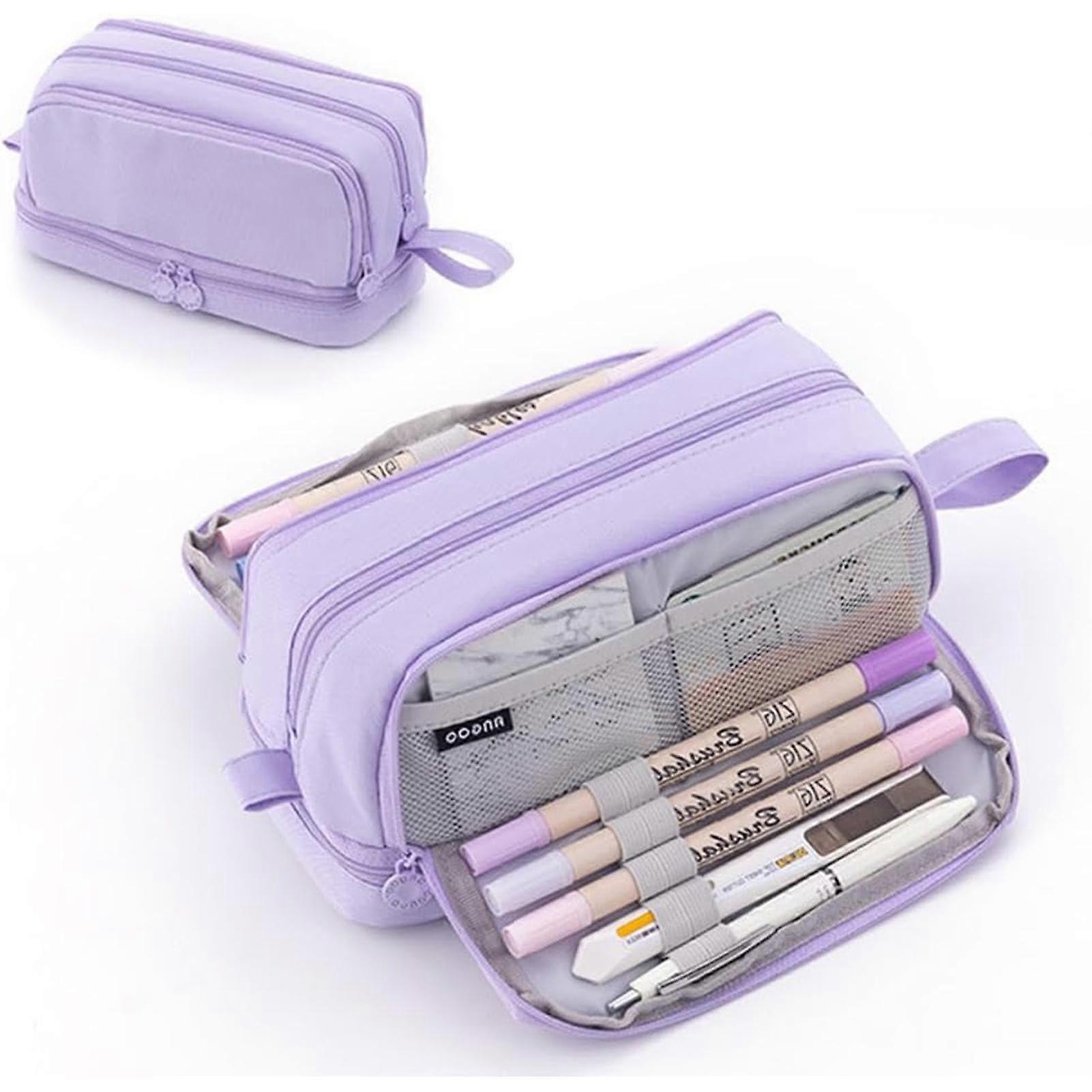Large Pencil Case with 4 Expandable Compartments, Durable Stationery Pen Bag for Teens, Carry Handle, Purple