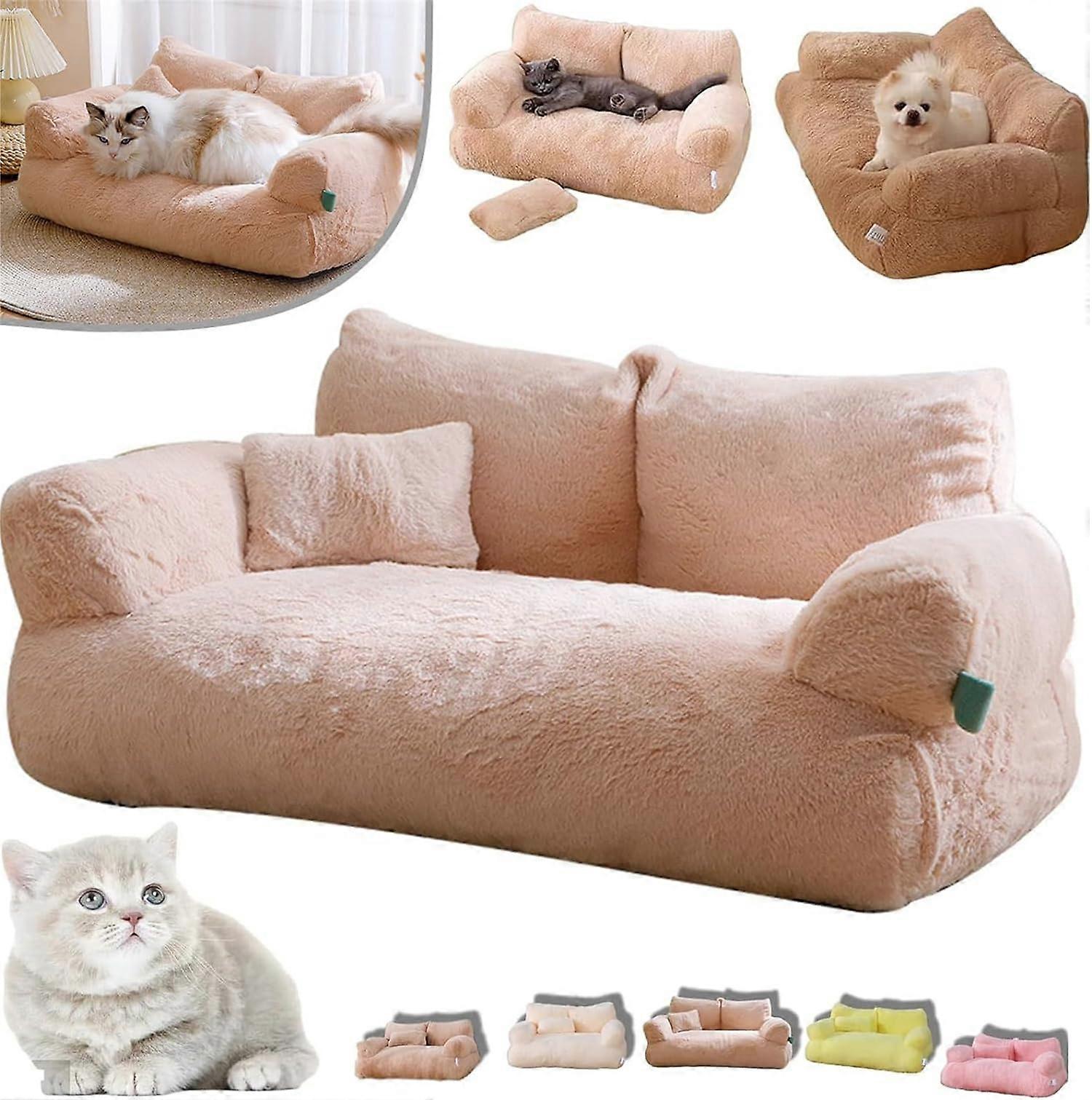 Calming Pet Sofa, Fluffy Plush Pet Sofa, Washable Puppy Bed with Removable Cover (M, Beige)