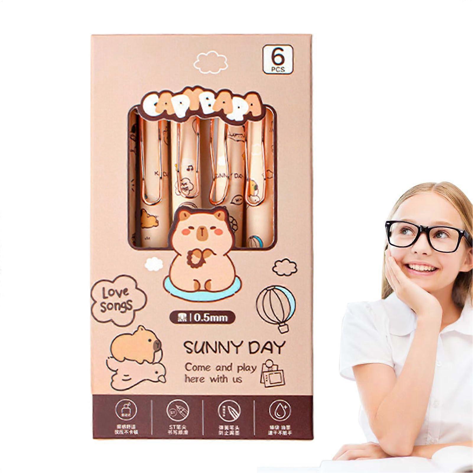 Cartoon Retractable Pens, Capybara Pens, 0.5 mm Mechanical Pen, 6 x Fine Point Quick Drying Set