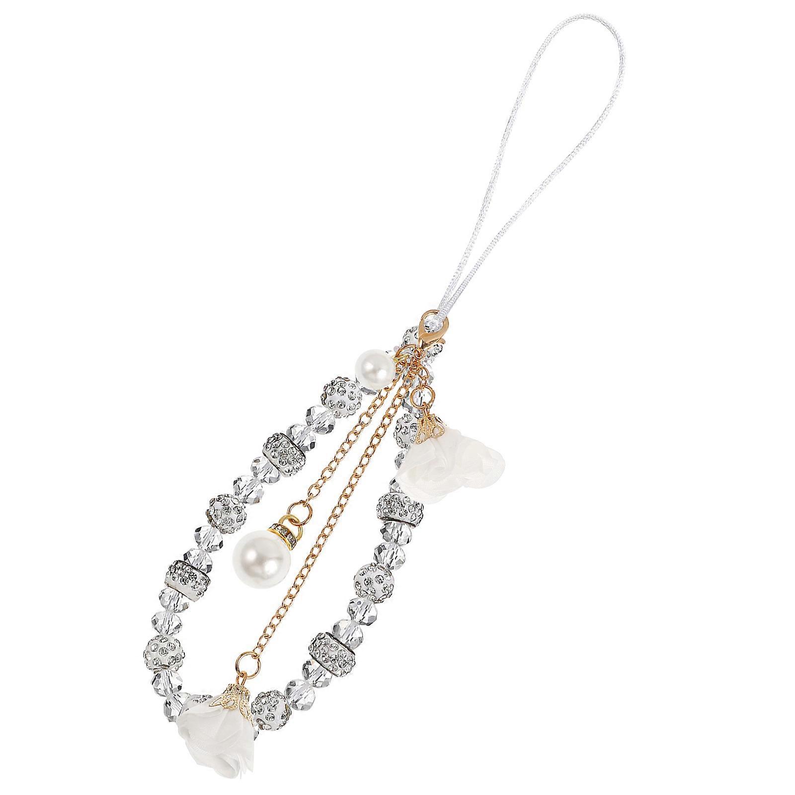 Beaded Phone Wristband Phone Lanyard Two-In-One Crystal Flower Pendant Non-Slip Cell Phone Hand Wrist Strap Charm For Women Girls 1Set