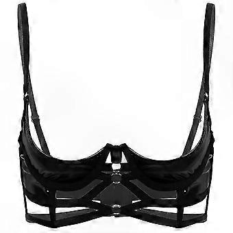 Women's Glossy Patent Leather Bra with Underwire Support and Strappy Design Quarter Cup Lingerie Top