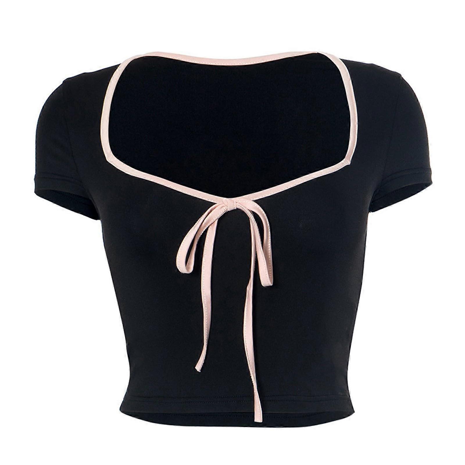 T-Shirt Damen Sommer Loose Shirt Basic Kurzarm V-Ausschnitt Schwarz S Crop Tops für Teenager Mädchen Streetwear Bluse