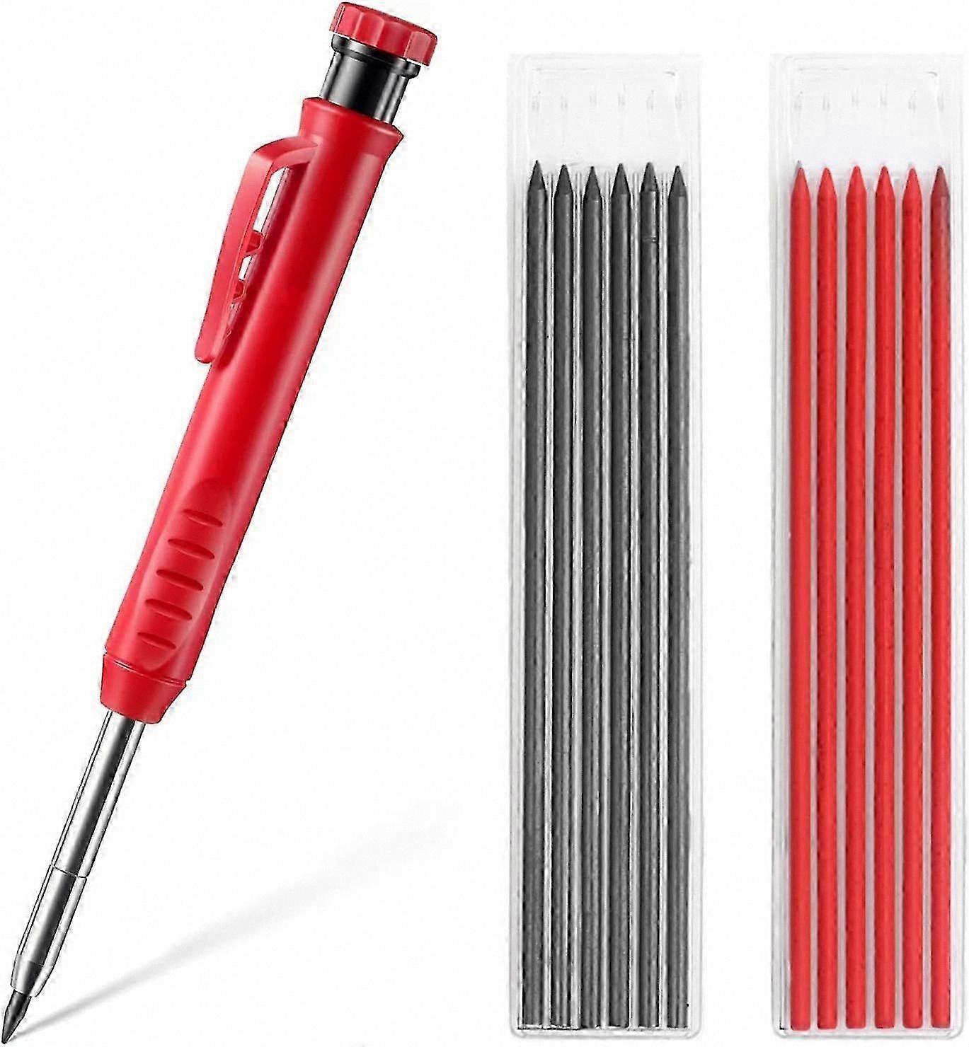 Deep Hole Marking Tool Set with 12 Leads, Long Nose Mechanical Pencil, Built-in Sharpener, Red and Black