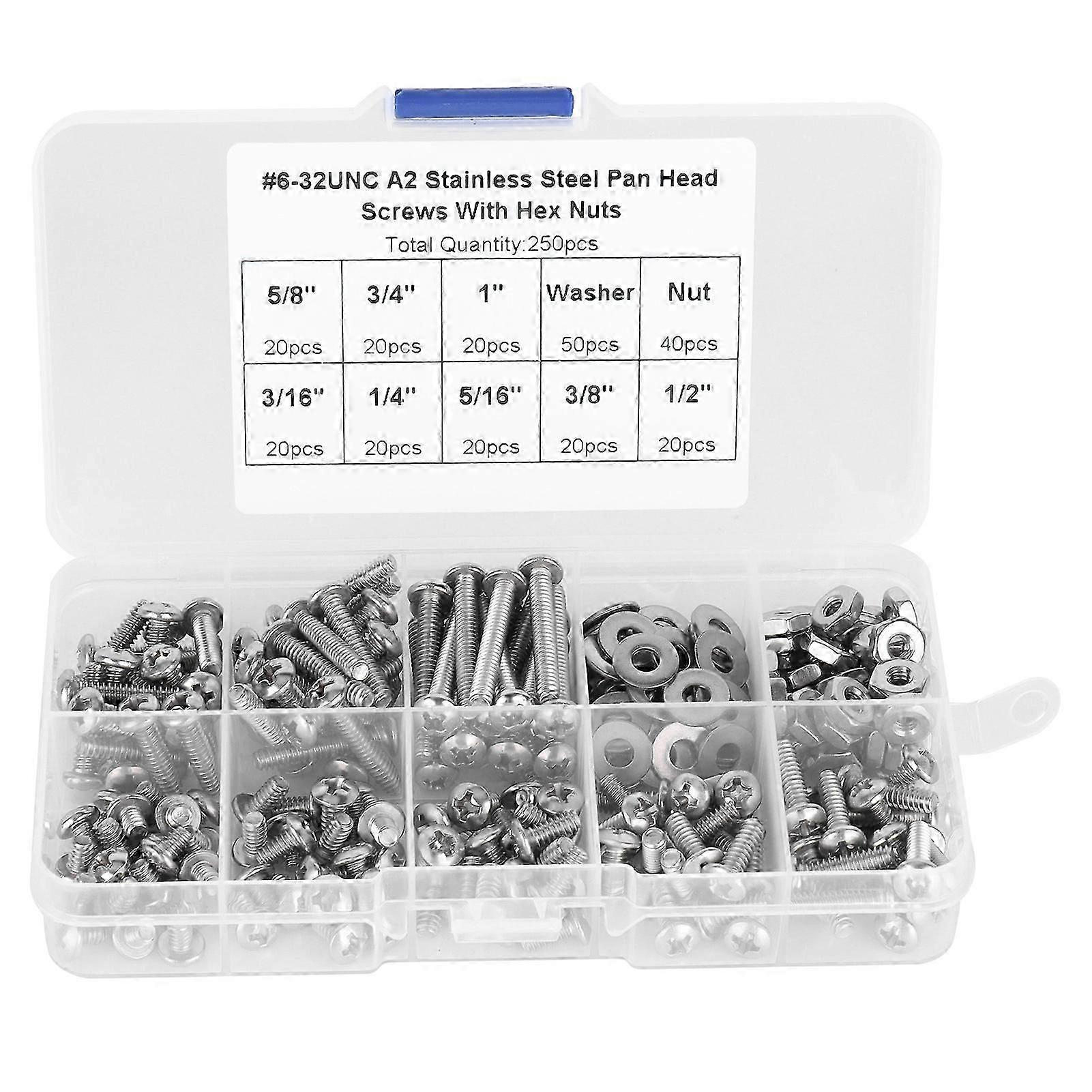 304ステンレス鋼ねじ クロスパンヘッドねじ 六角ナット ワッシャー付き ねじキット 250個 #6-32UNC