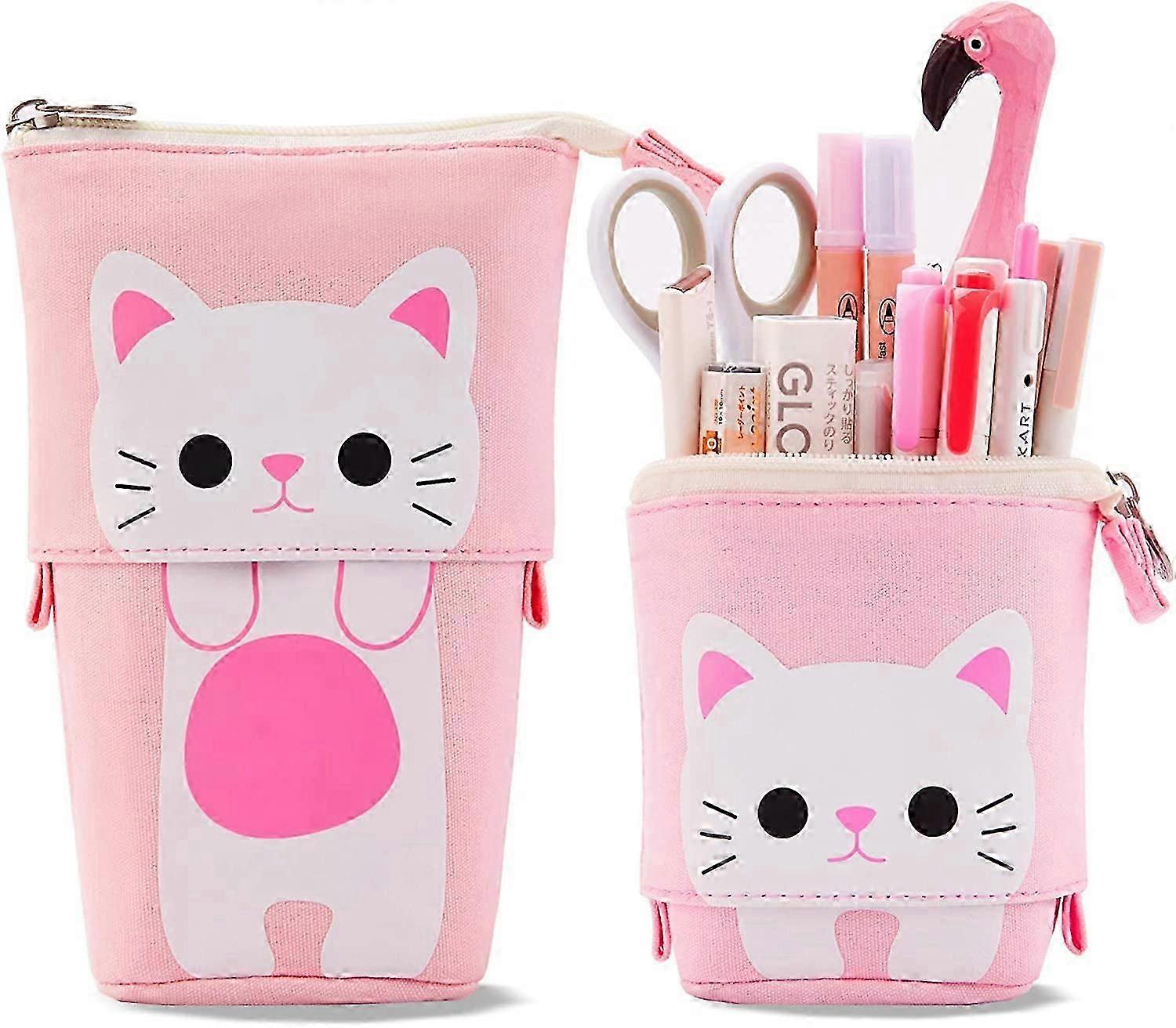 Durable Canvas Telescopic Pencil Case with Cute Cat Pattern, Pink,17cm*8cm*12cma total of one