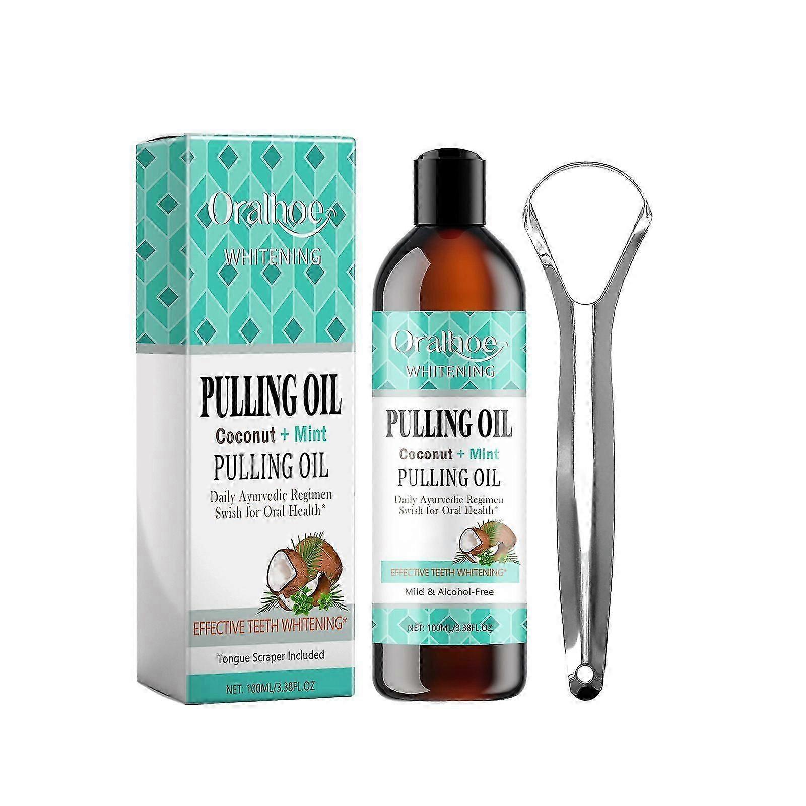 Coconut Pulling Oil - Mint Oil Pulling Mouthwash with Tongue Scraper | Natural Essential Oils for Fresh Breath, Teeth Whitening & Healthy Gums | Alcoh