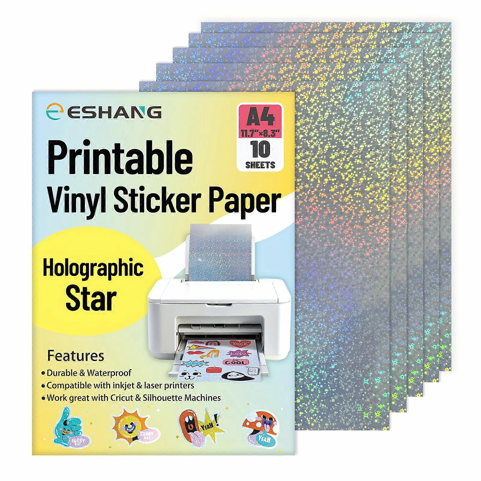 A4 Size 10 Sheets Stars Printable Holographic Vinyl Sticker Paper, 8.3×11.7 Inch Self-Adhesive Waterproof Glitter Sticker Paper for Inkjet Printer