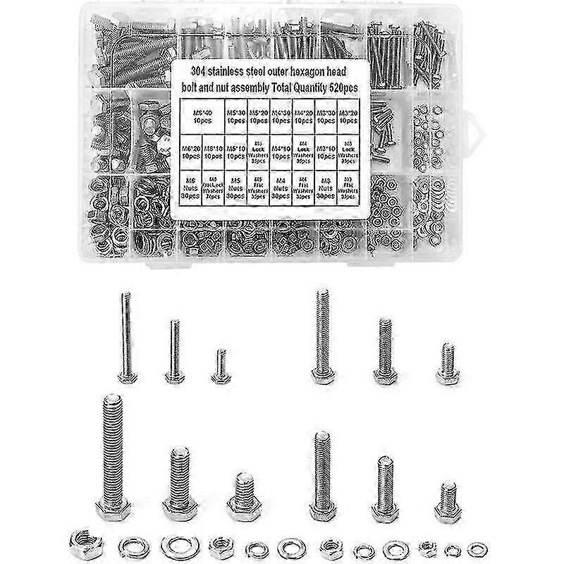 M3m6 Stainless Steel Bolt Assortment, 520 Hex Head Bolts With Nuts And Washers In Storage Box