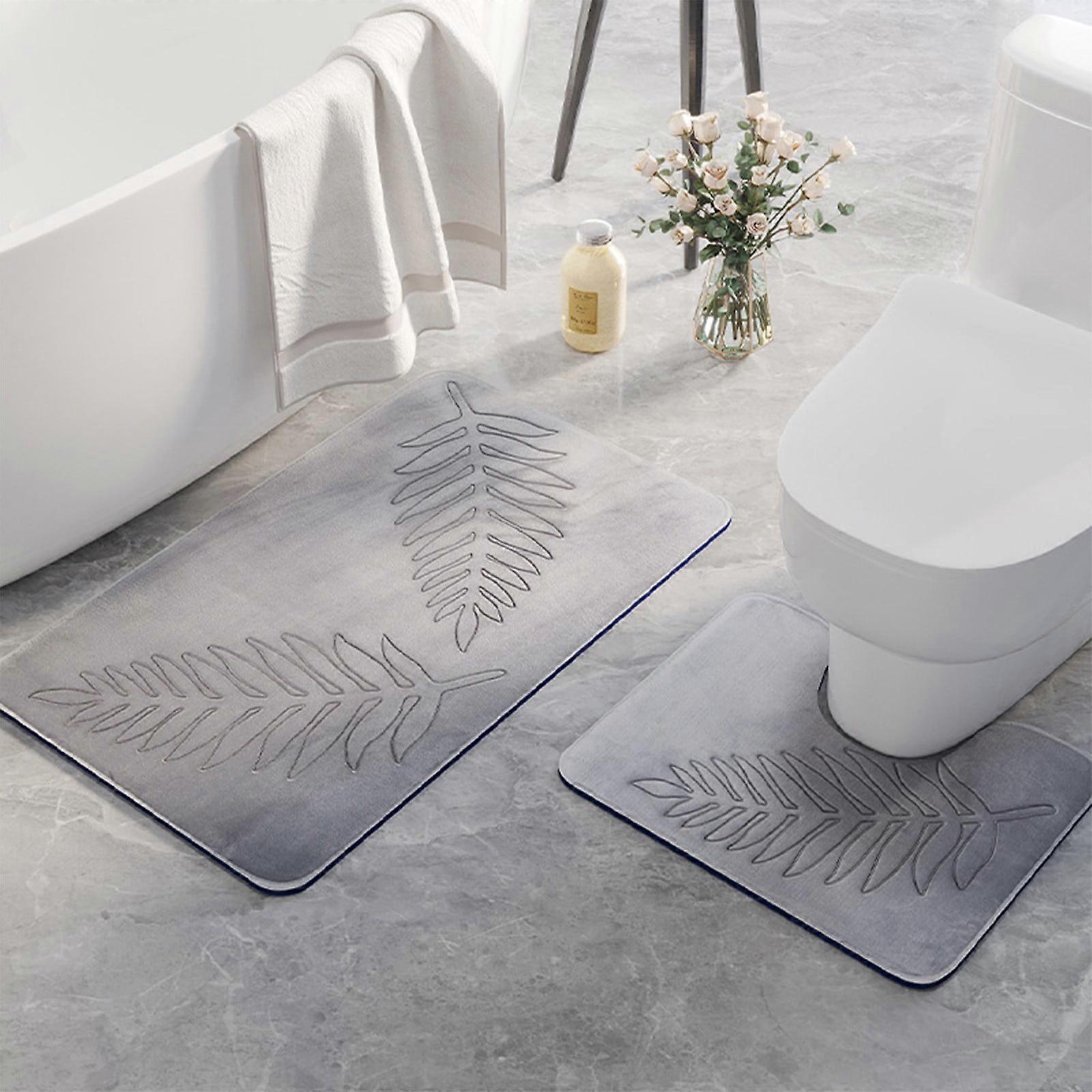 Allowith Memory Foam Bath Mat Set, 2 Pcs Leaf Printed Rugs 19.68x31.49 & 15.74x19.68 U-Shaped, Soft Non-Slip Toilet Rug, Water Absorbent, Fast Drying