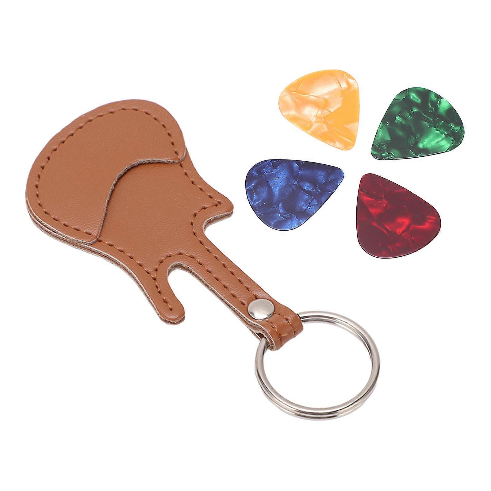 Mini Guitar Pick Storage Bag PU Material Bass Pick Holder with 4Pcs Picks Keychain Design