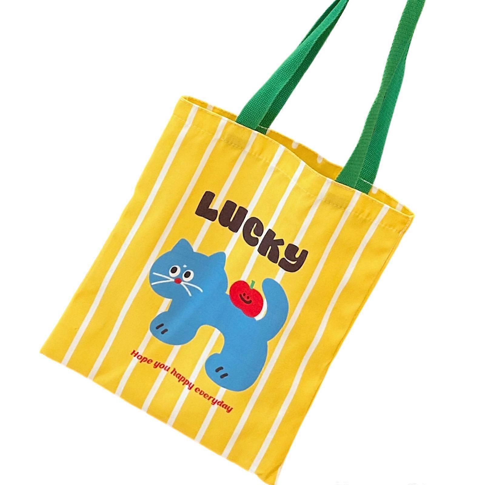 Stylish Reusable Canvas Grocery Bag Casual Shoulder Bag Feline Fruit Pattern Easy to Clean Multipurpose Multicolor