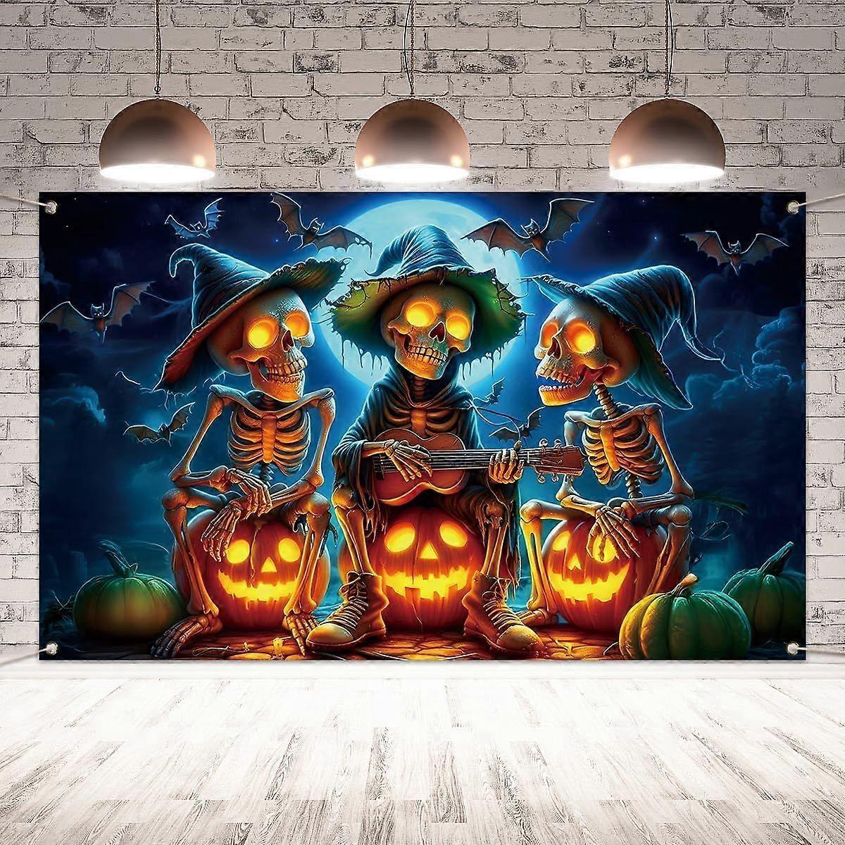 Halloween Photo Backdrop, Funny Skeletons Play The Guitar Bats Pumpkin Taptry DecorHalloween Decoration and Supplifor Home Party GU 0507