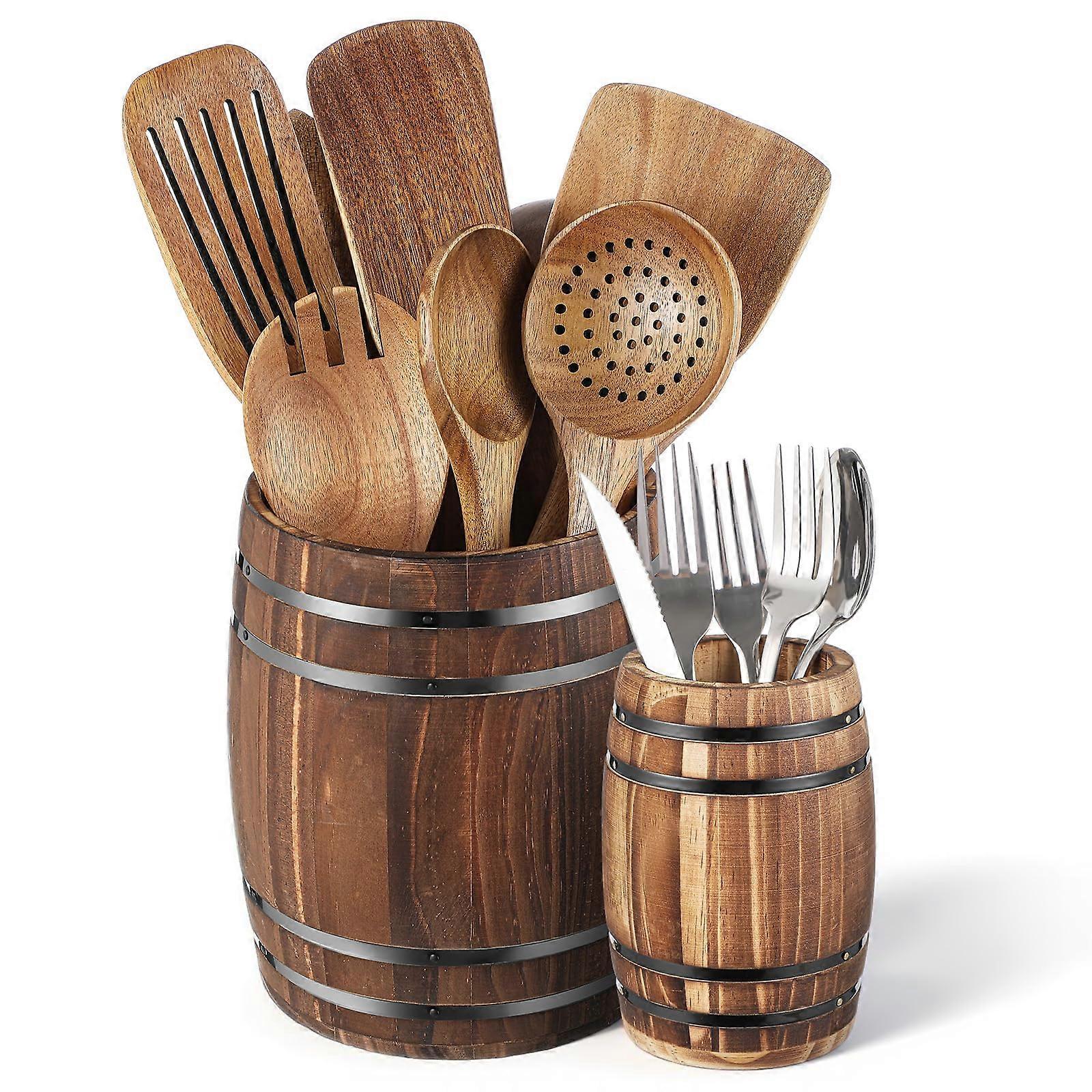 Set of 2 Wooden Utensil Holders Vintage Barrel Design Rustic Kitchen Organizer Dual Size 7 and 5.3 in